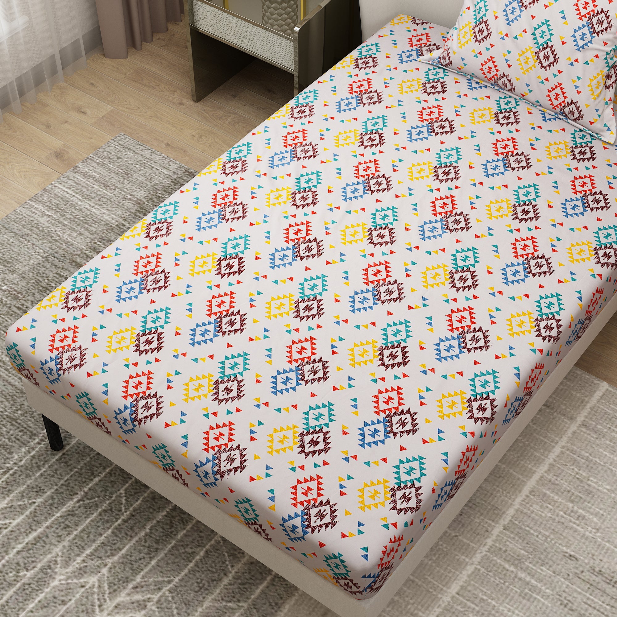 Multicolor Geometric Printed Bedsheet Multi Design With Pillow Covers
