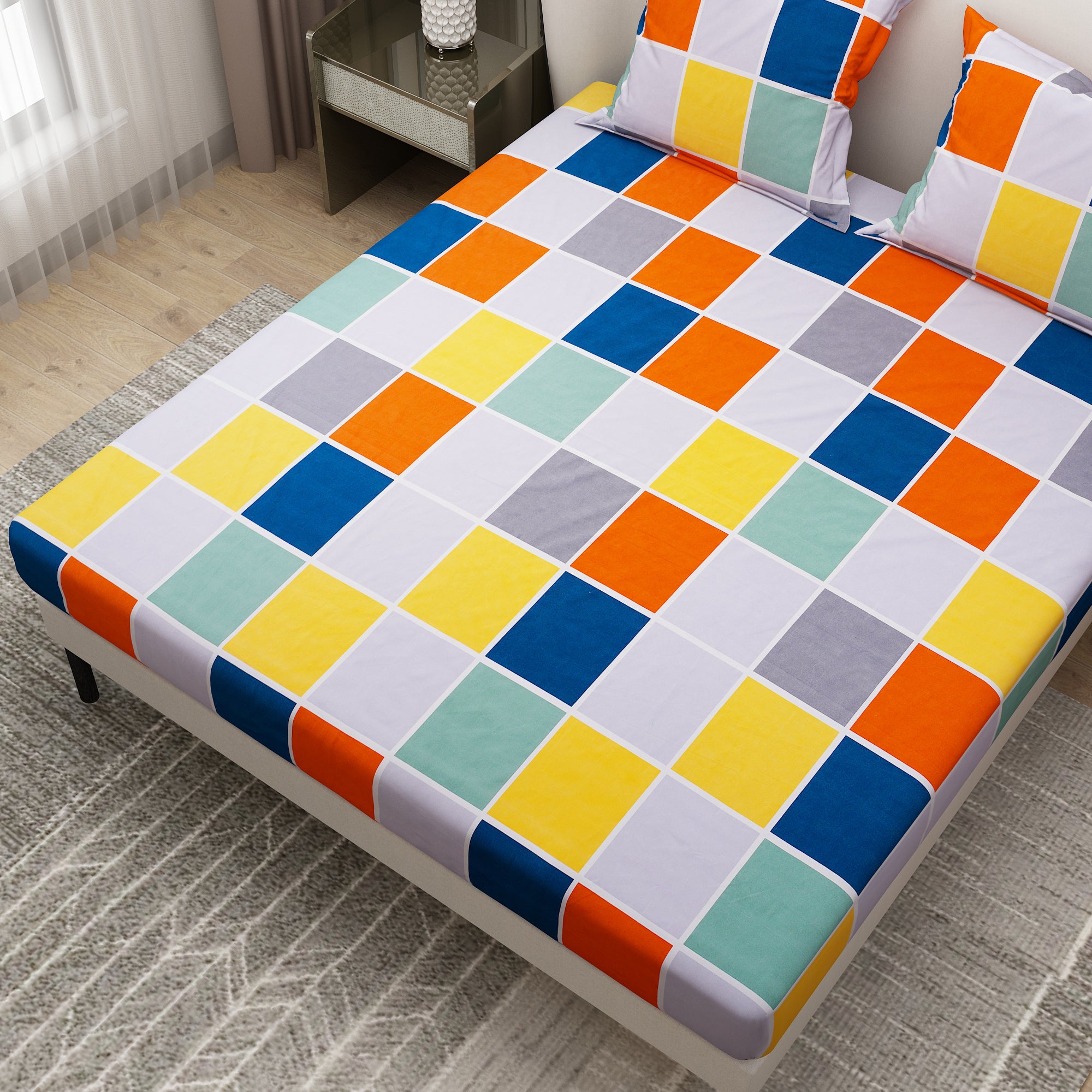 Colourful Printed Bedsheet Square Design With Pillow Covers