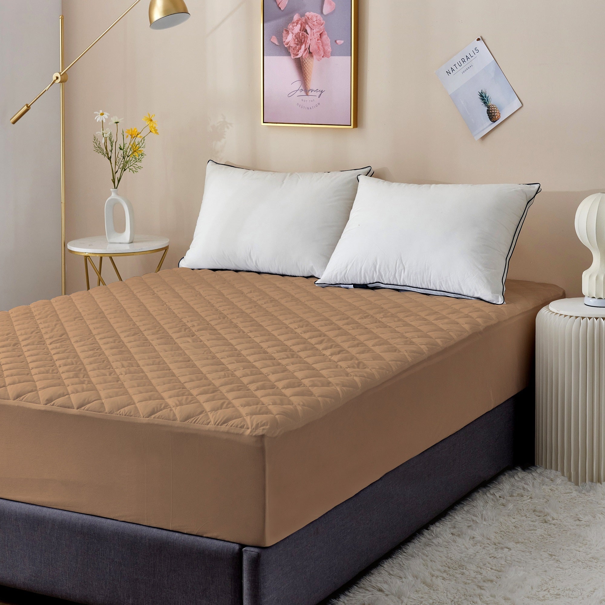 Waterproof Mattress Protector with 360 Degree Elastic Strap, Premium Quilted Sapphire (Beige, Available in 16 Sizes) - Dream Care Furnishings Private Limited