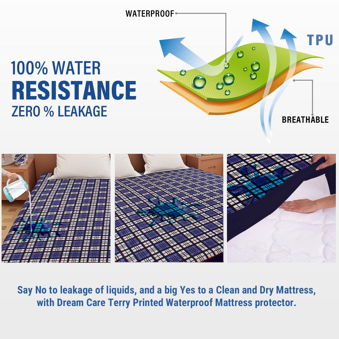Waterproof Mattress Protector with 360 Degree Elastic Strap, Luxury Terry Printed (Blue, Available in 16 Sizes) - Dream Care Furnishings Private Limited