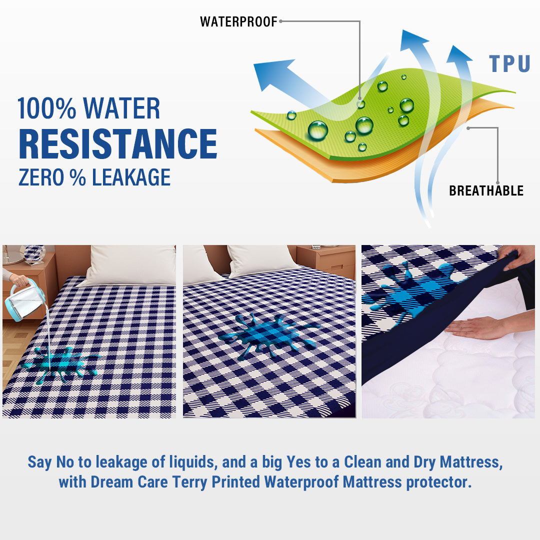 Waterproof Mattress Protector with 360 Degree Elastic Strap, Luxury Terry Printed (Blue & White, Available in 16 Sizes) - Dream Care Furnishings Private Limited