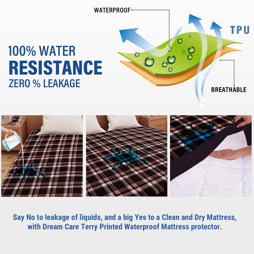 Waterproof Mattress Protector with 360 Degree Elastic Strap, Luxury Terry Printed (Coffee, Available in 16 Sizes) - Dream Care Furnishings Private Limited