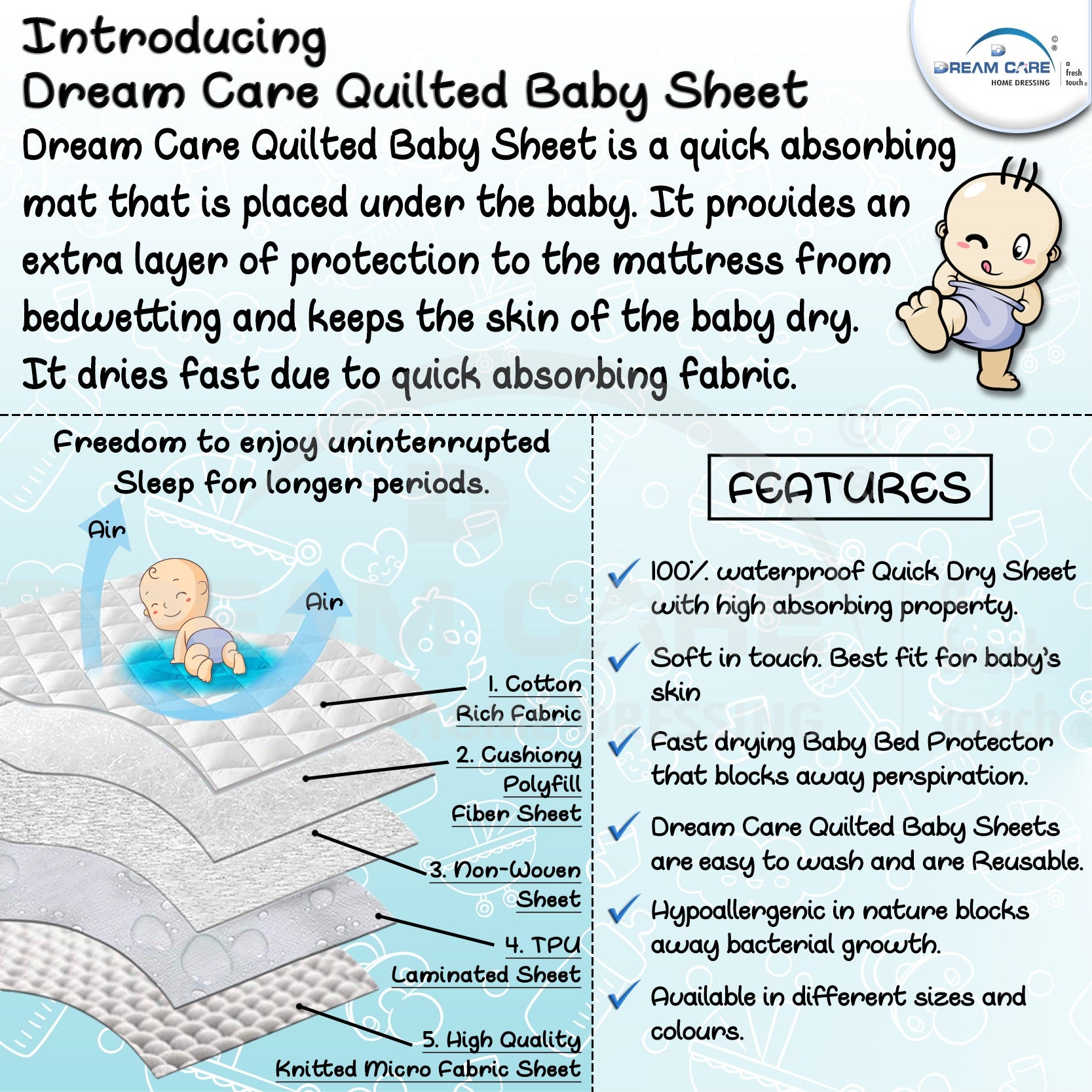 Waterproof Quilted Baby Sheet, Blue