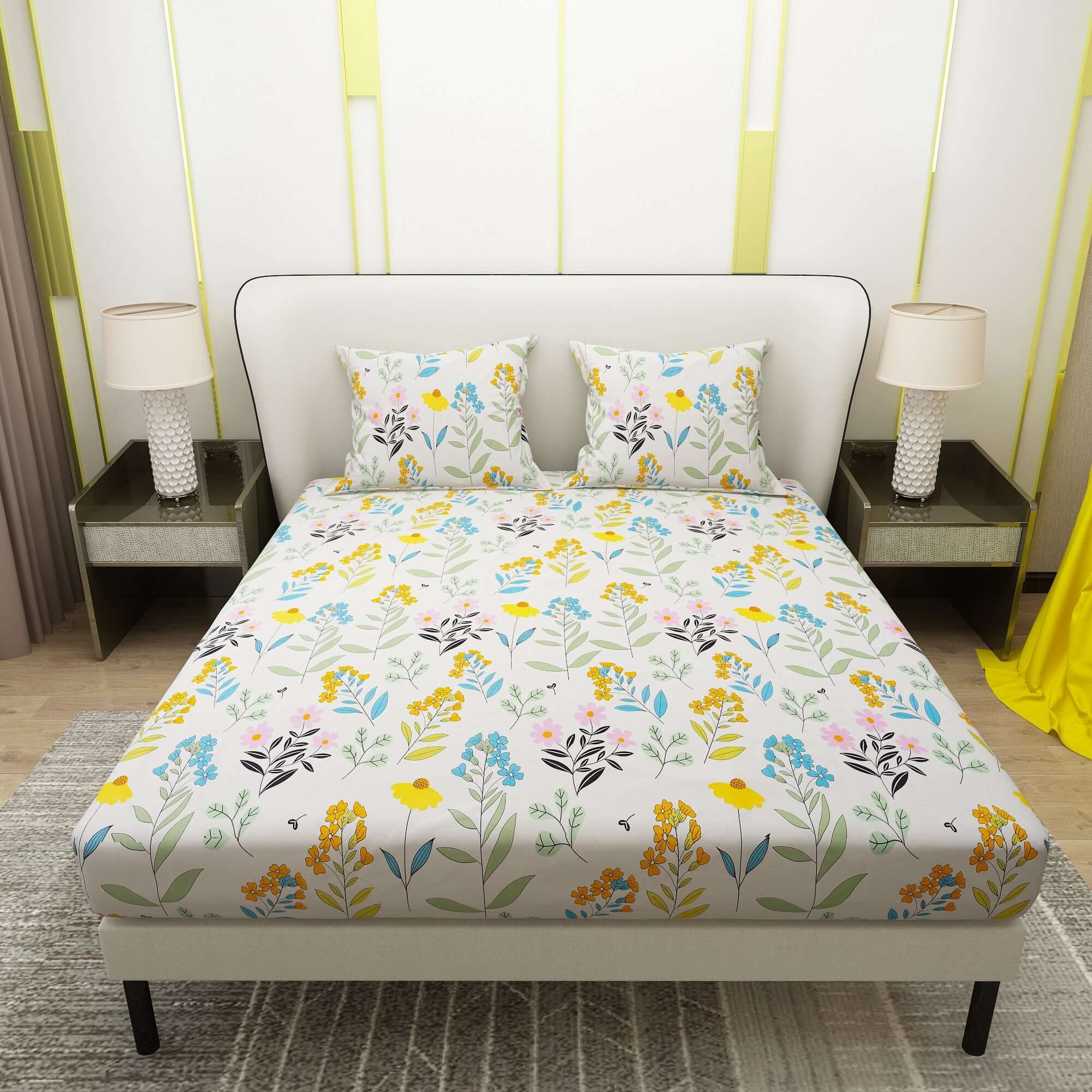 Colorful Printed Flower Design Bedsheet With Pillow Covers | Dream Care