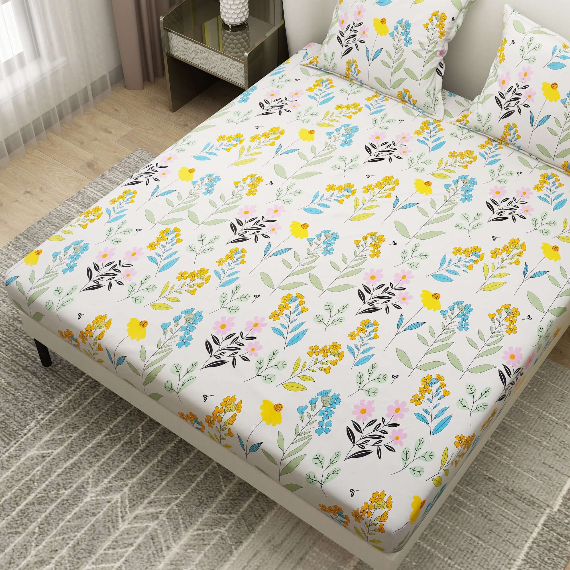 Colorful Printed Flower Design Bedsheet With Pillow Covers | Dream Care