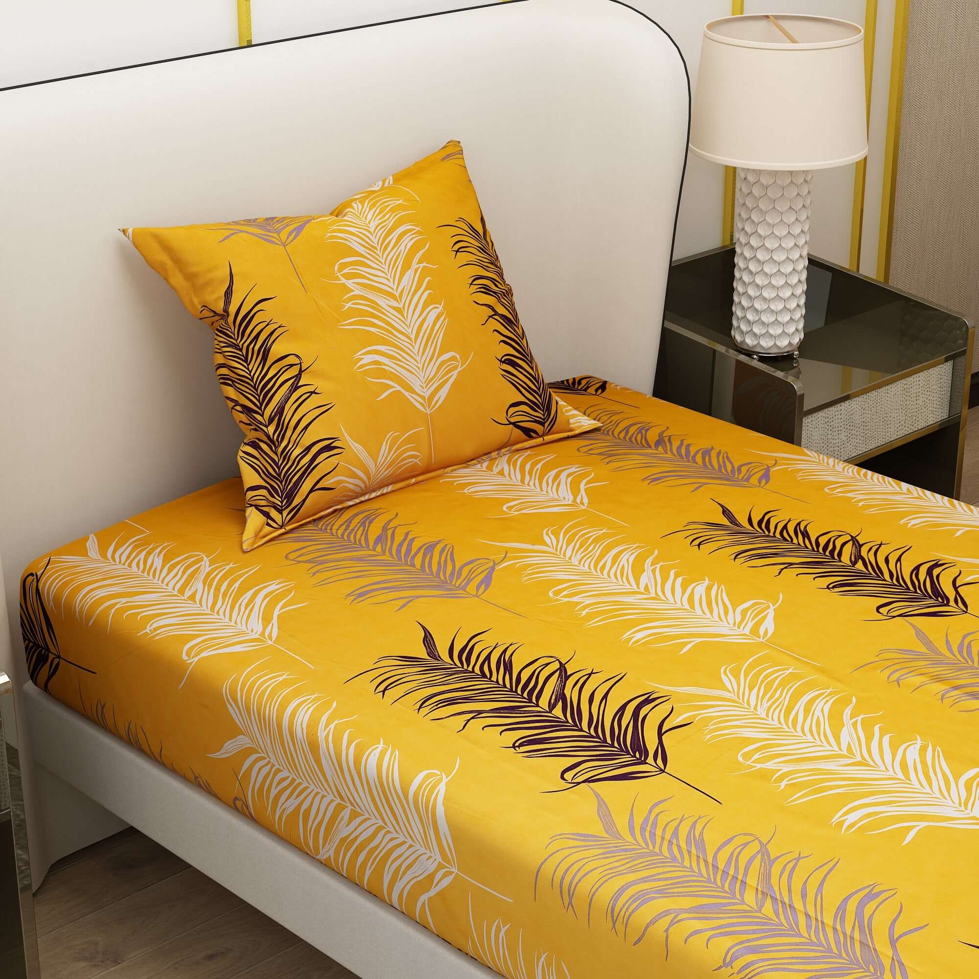 Colorful Printed Leaf Design Bedsheet With Pillow Covers | Dream Care