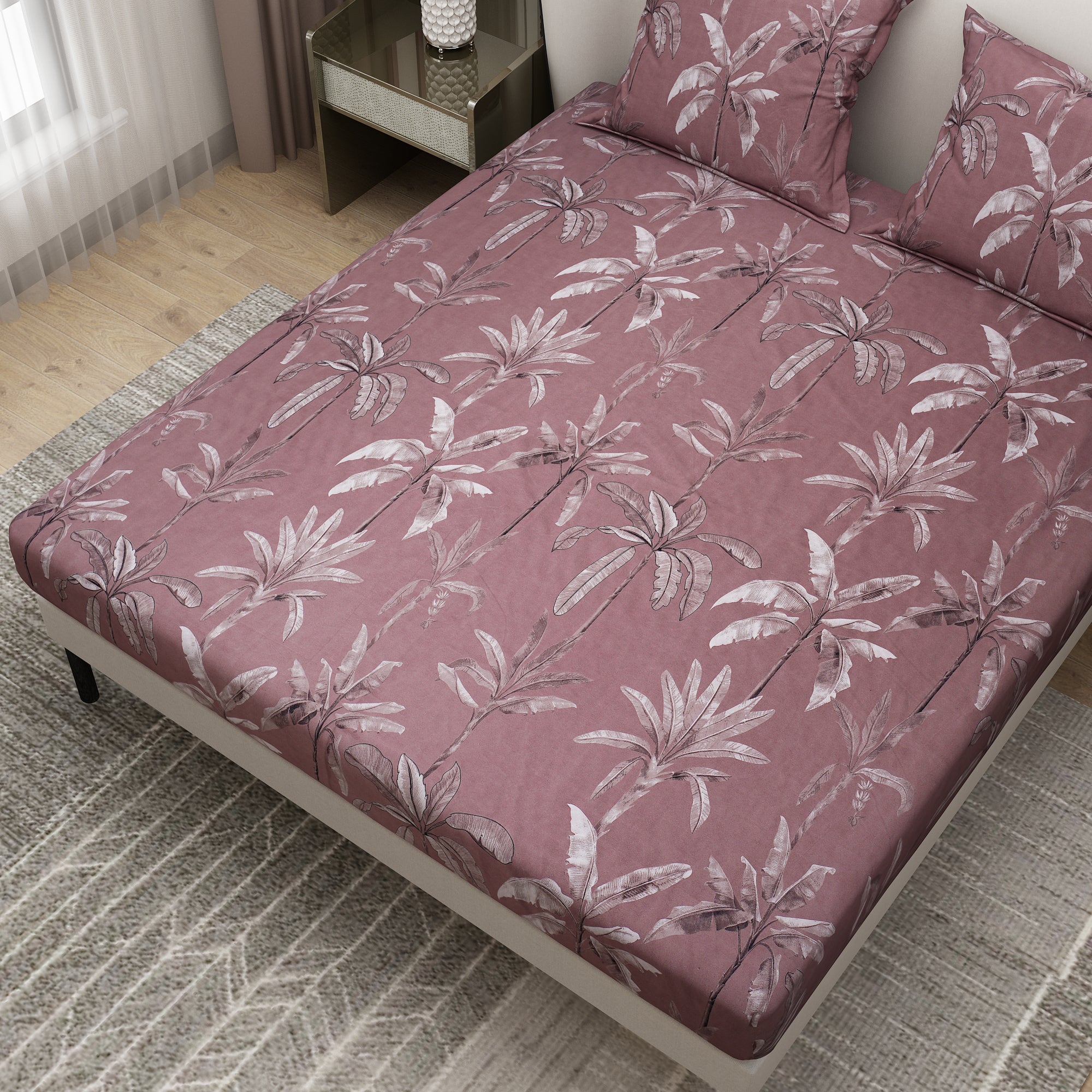 Colorful Printed Leaf Design Bedsheet With Pillow Covers | Dream Care