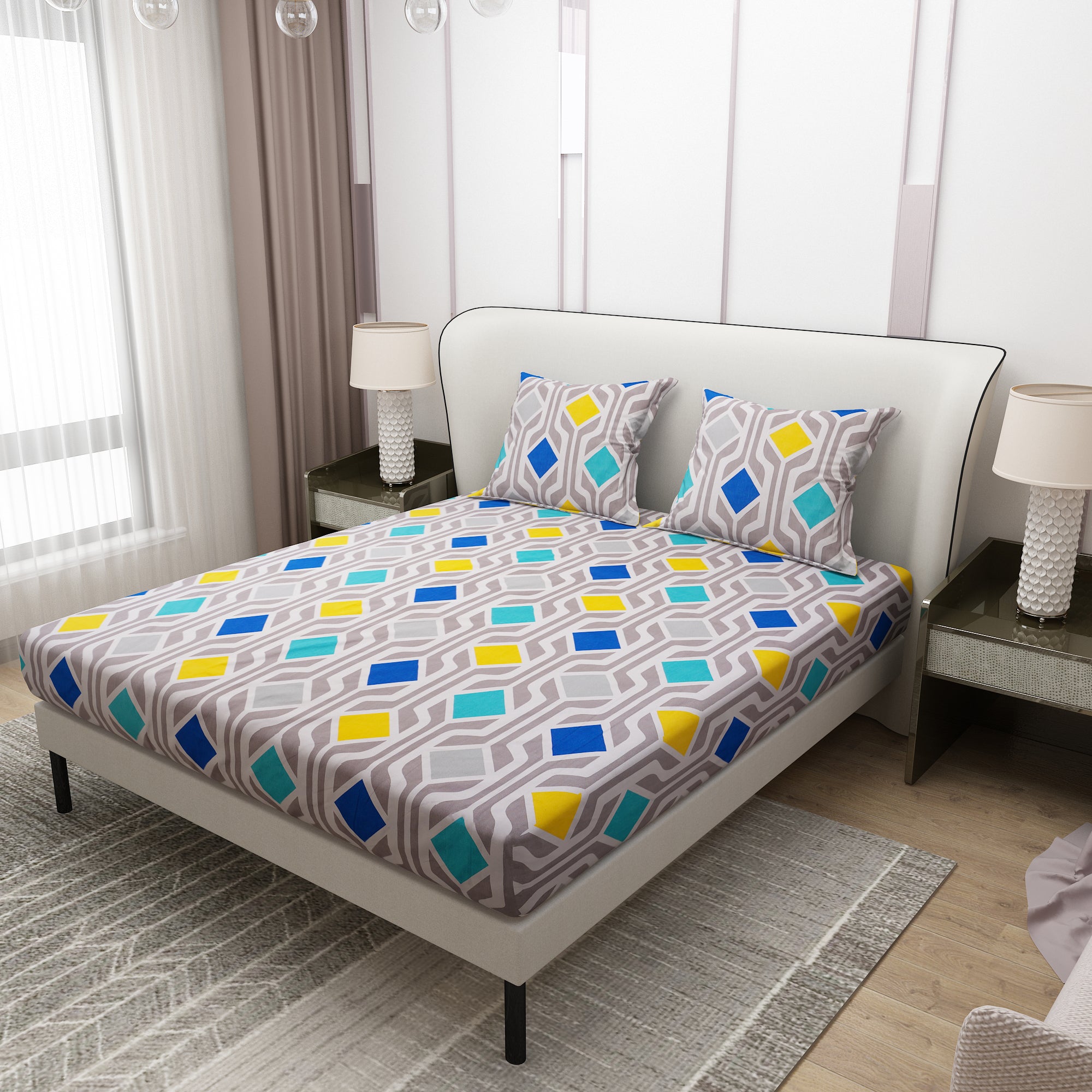 Colorful Printed Square Design Bedsheet With Pillow Covers | Dream Care