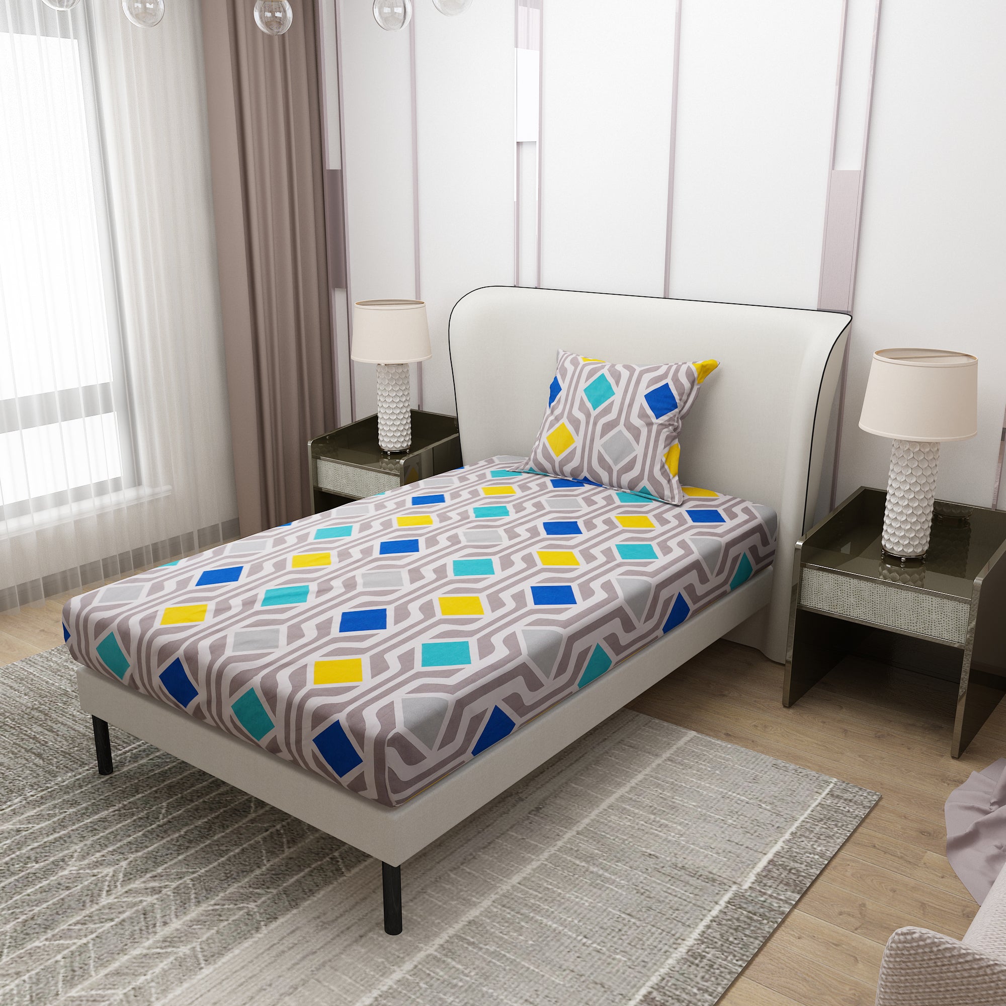 Colorful Printed Square Design Bedsheet With Pillow Covers | Dream Care
