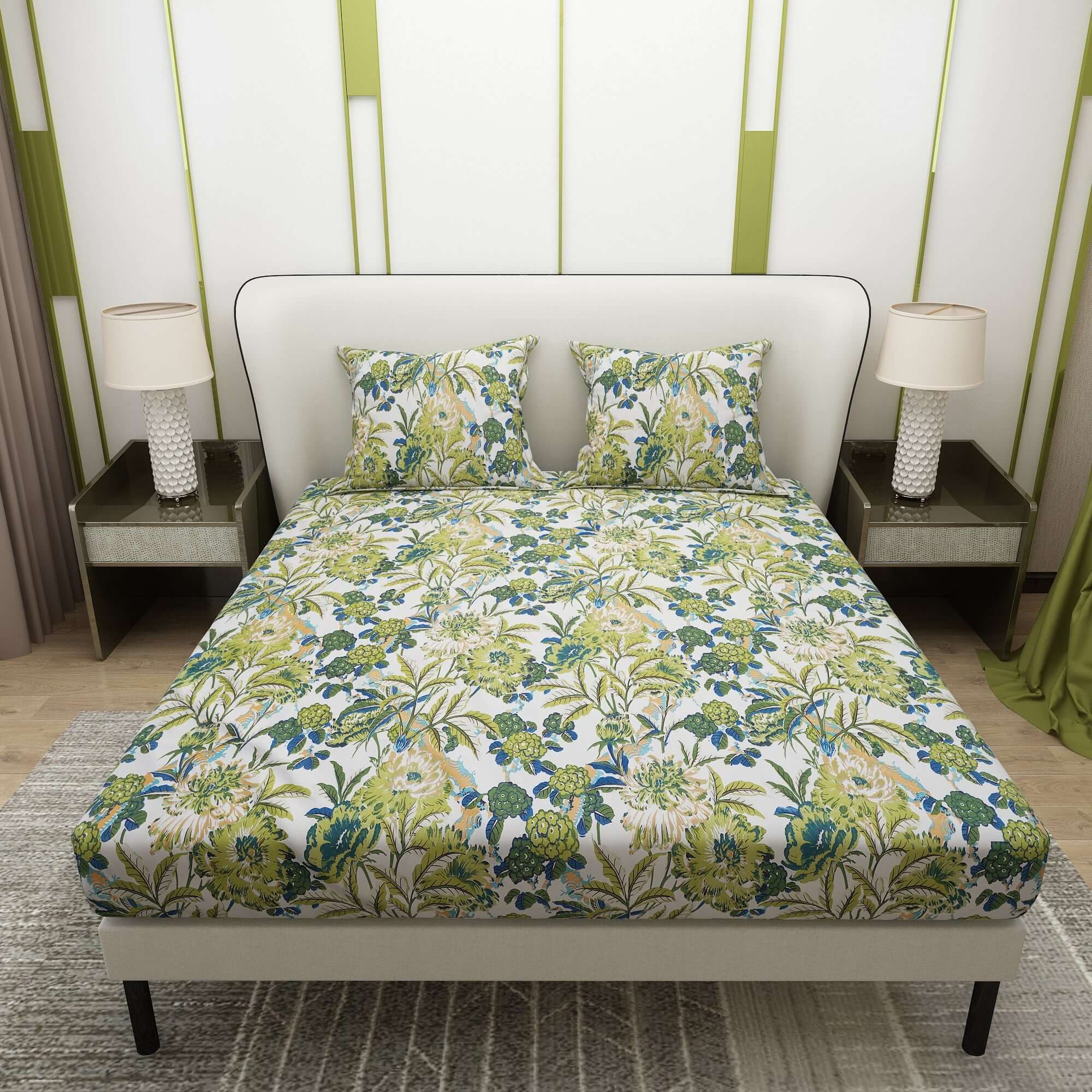 Printed Flower and Leaf Design Bedsheet With Pillow Covers CHP26 | Dream Care
