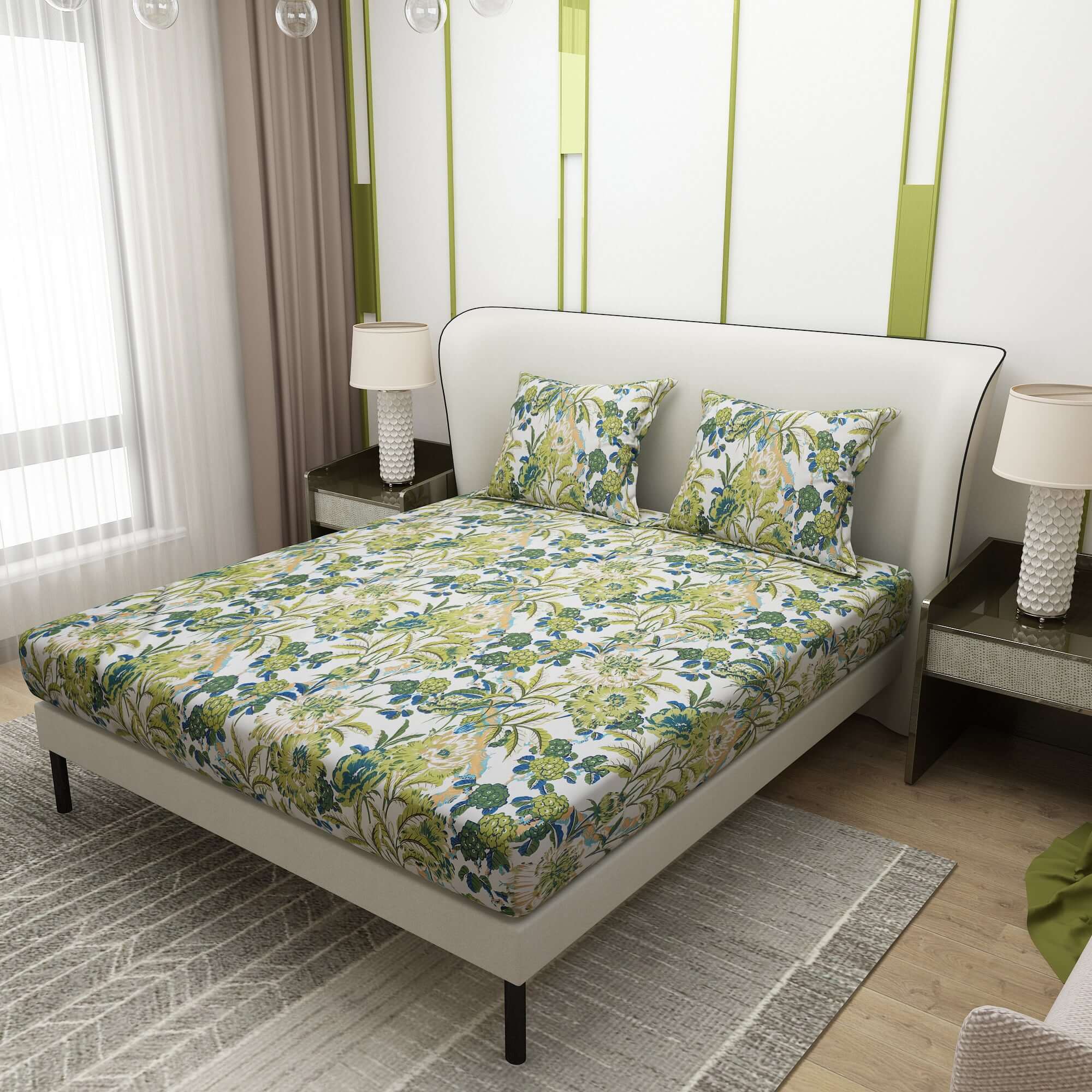 Printed Flower and Leaf Design Bedsheet With Pillow Covers CHP26 | Dream Care