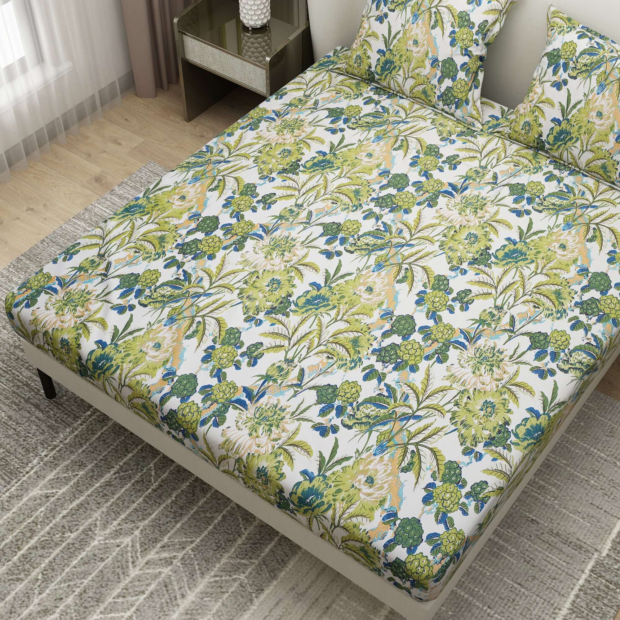 Printed Flower and Leaf Design Bedsheet With Pillow Covers CHP26 | Dream Care