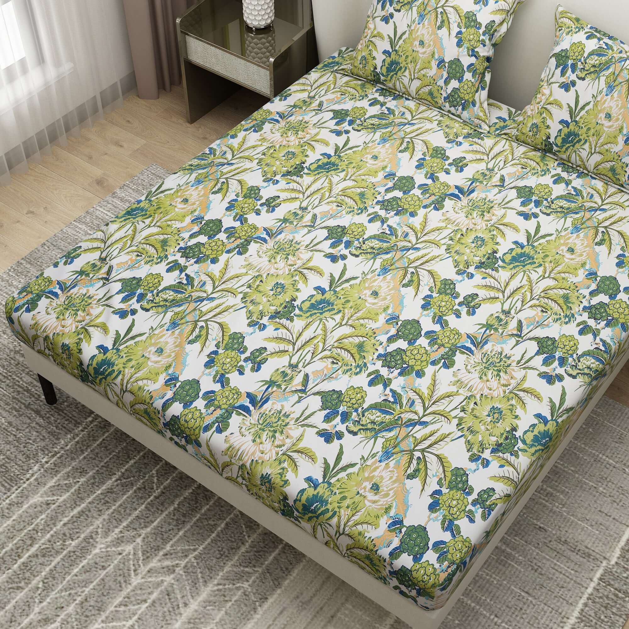 Colorful Printed Flower and Leaf Design Bedsheet With Pillow Covers | Dream Care