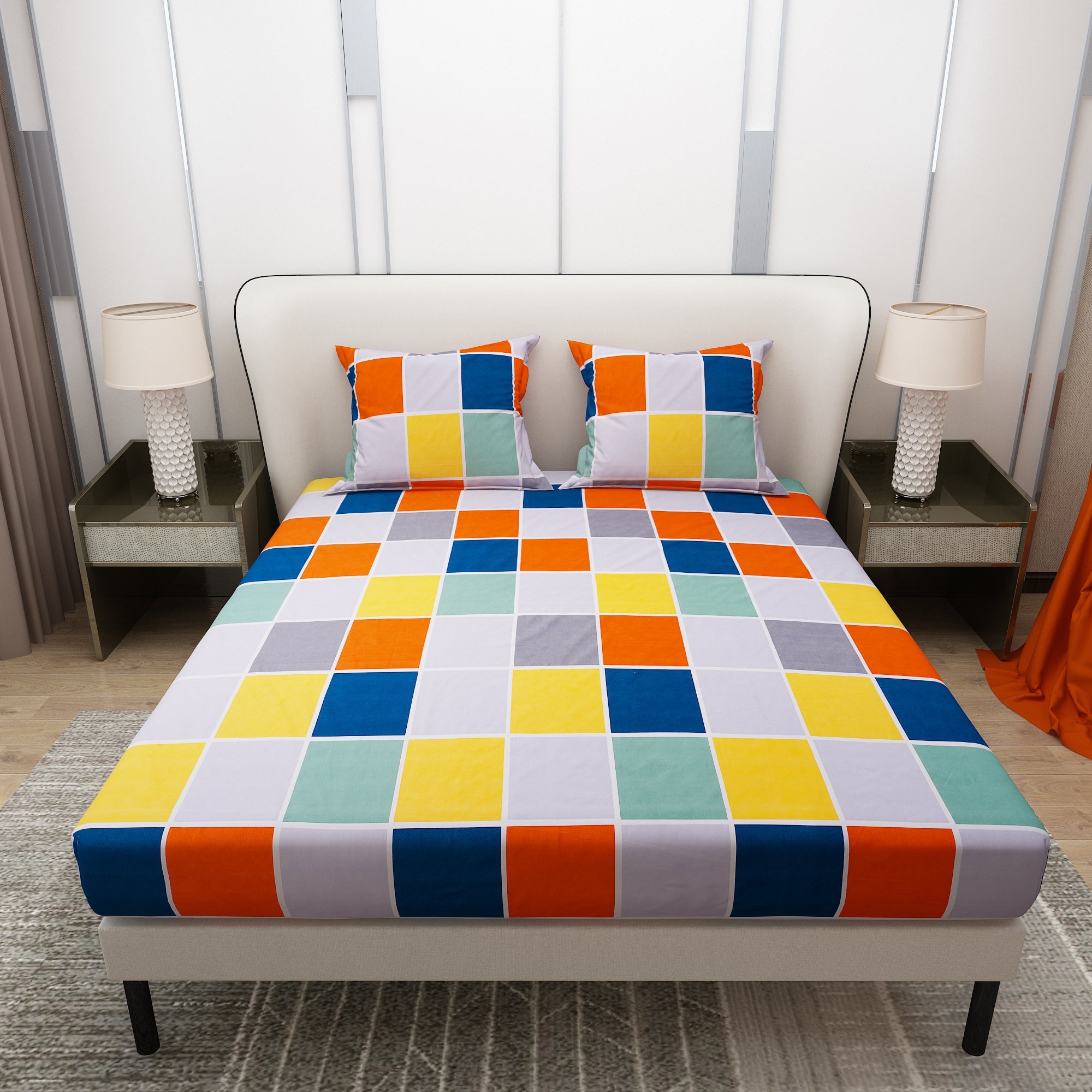 Colourful Printed Bedsheet Square Design With Pillow Covers