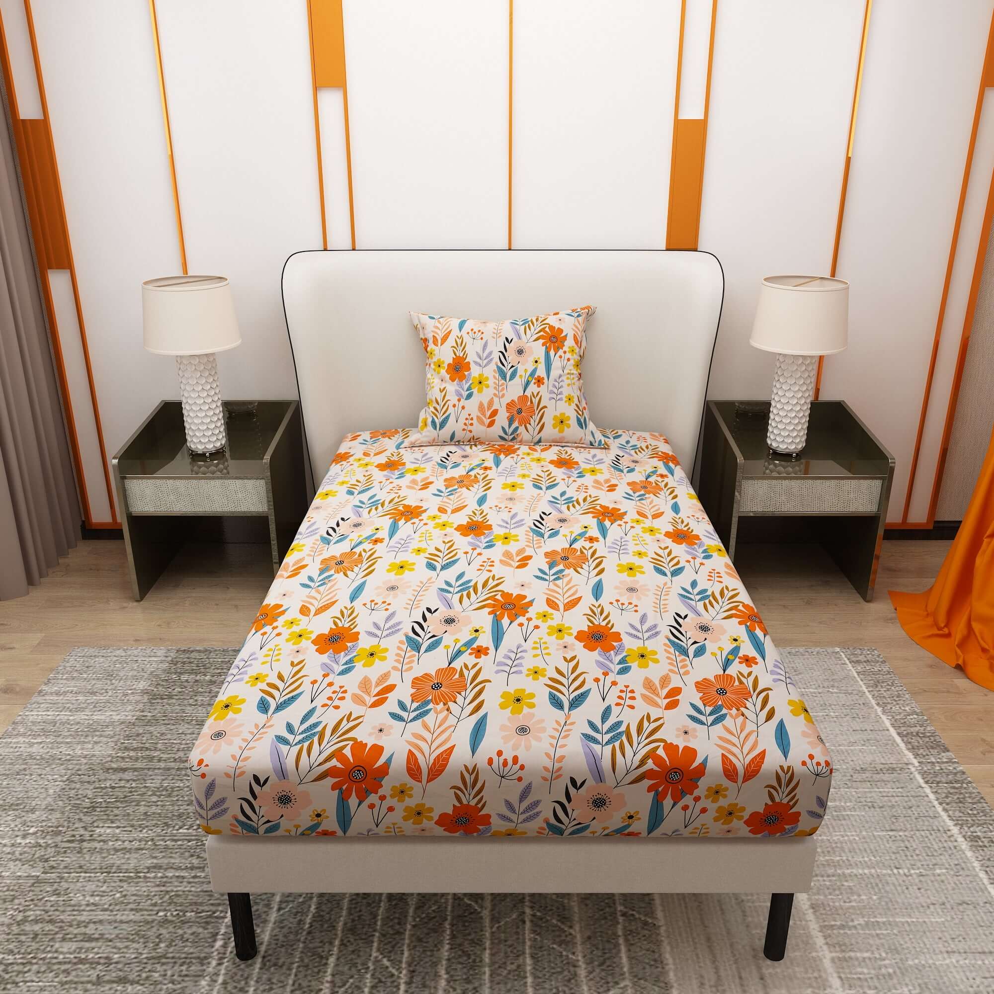Printed Flower and Leaf Design Bedsheet With Pillow Covers CHP09 | Dream Care