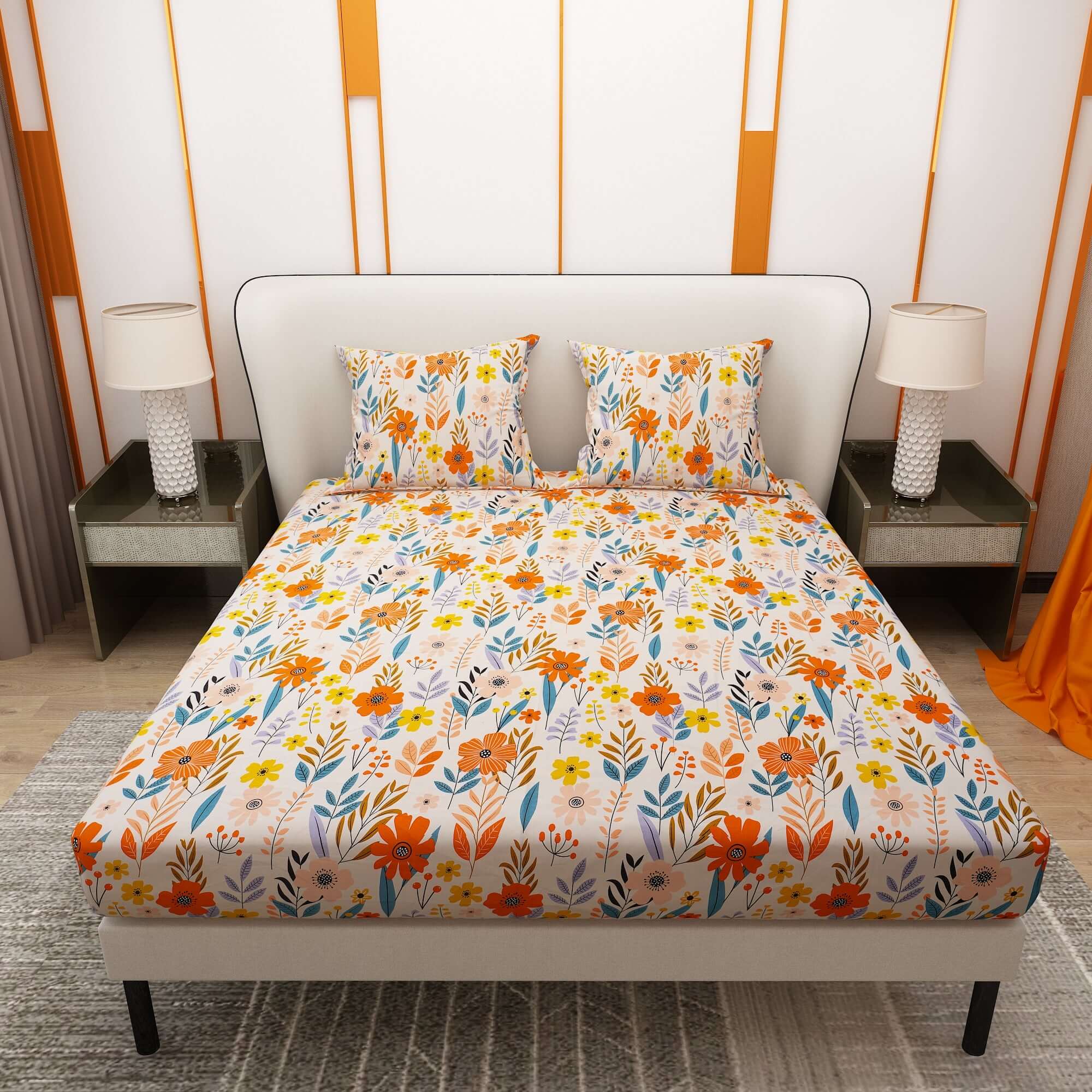 Colorful Printed Flower and Leaf Design Bedsheet With Pillow Covers | Dream Care