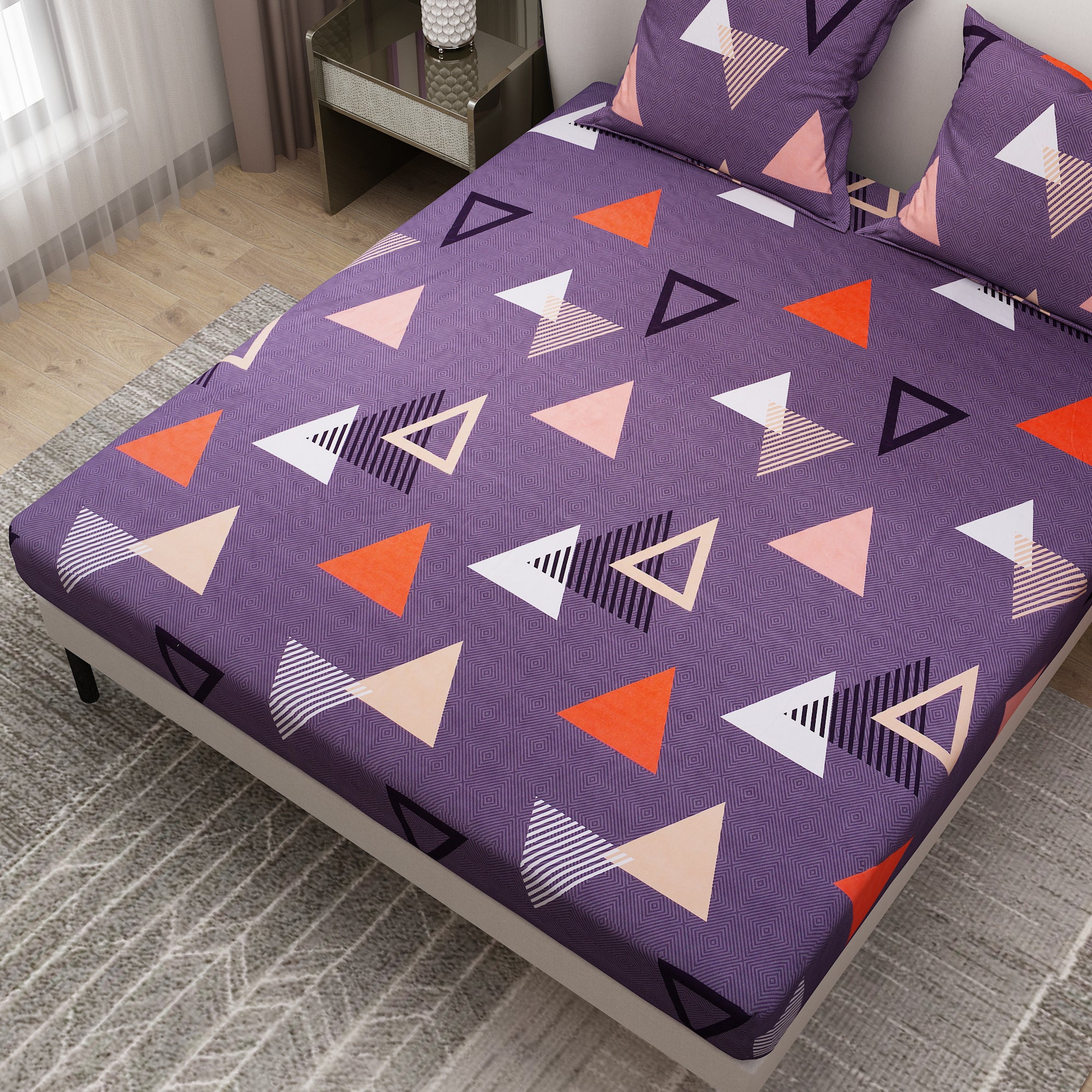 Colourful Printed Bedsheet Triangle Design With Pillow Covers