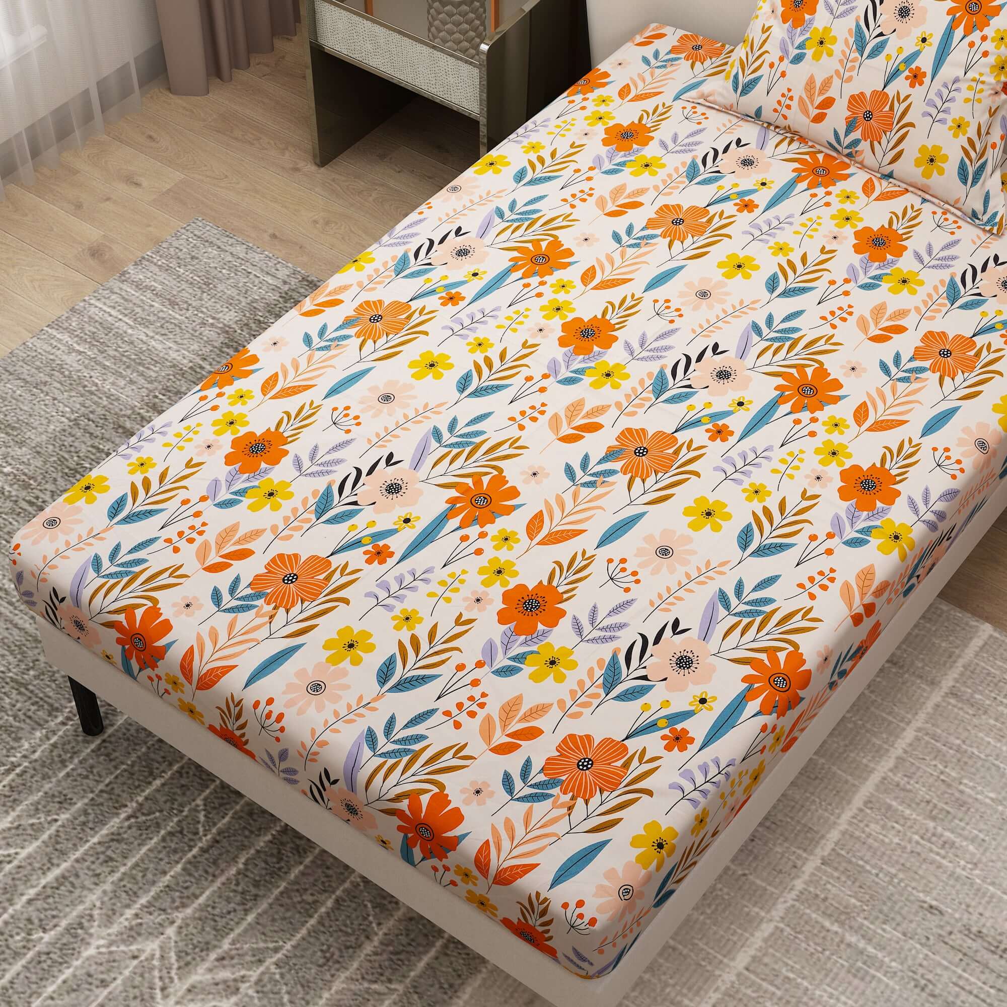 Printed Flower and Leaf Design Bedsheet With Pillow Covers CHP09 | Dream Care