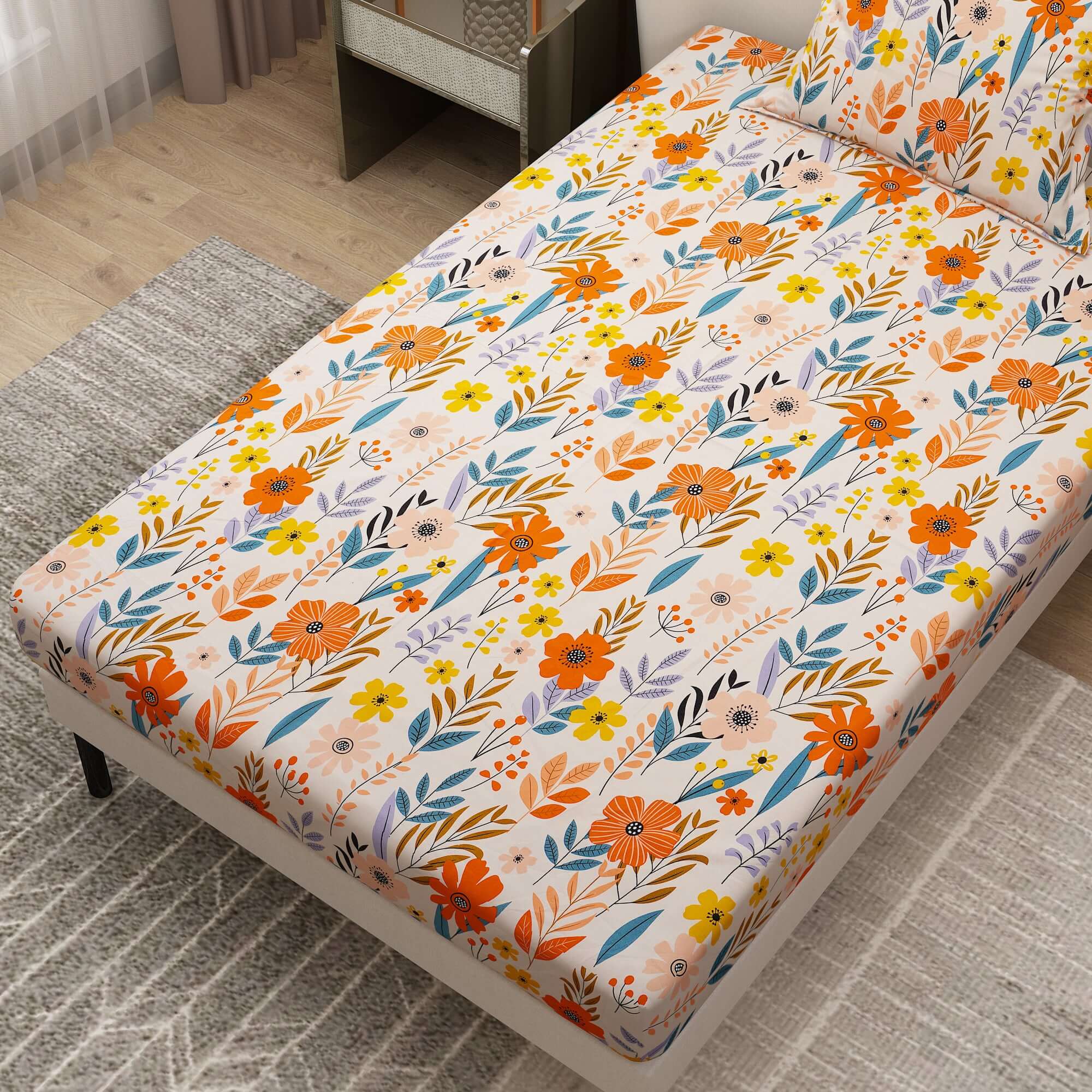 Colorful Printed Flower and Leaf Design Bedsheet With Pillow Covers | Dream Care