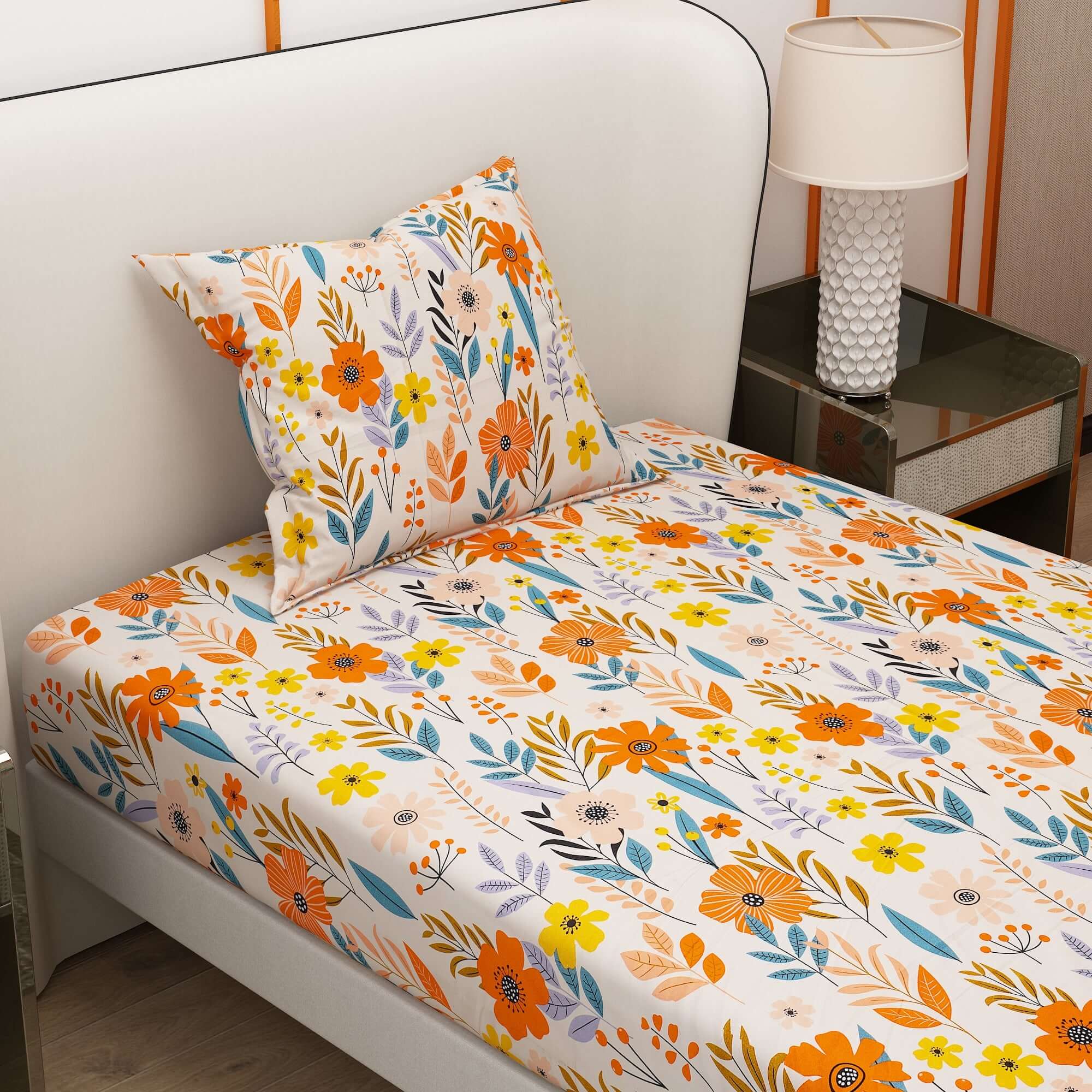 Colorful Printed Flower and Leaf Design Bedsheet With Pillow Covers | Dream Care