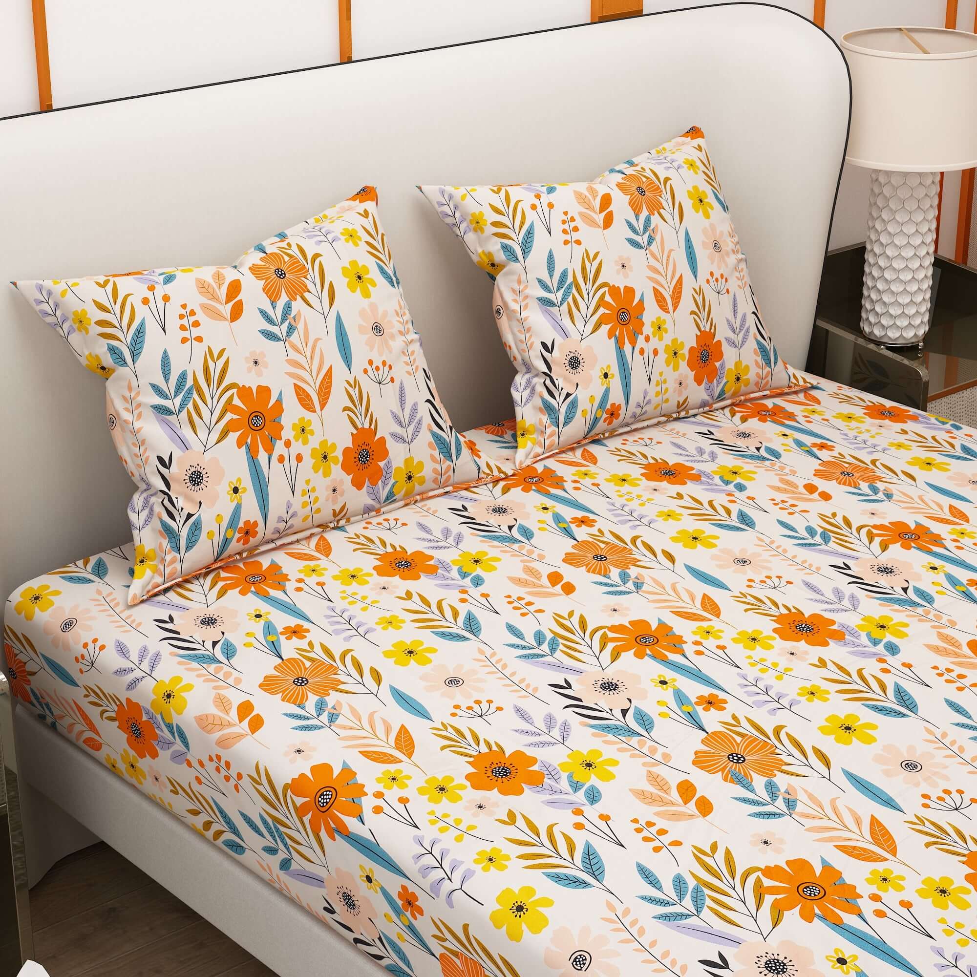 Colorful Printed Flower and Leaf Design Bedsheet With Pillow Covers | Dream Care