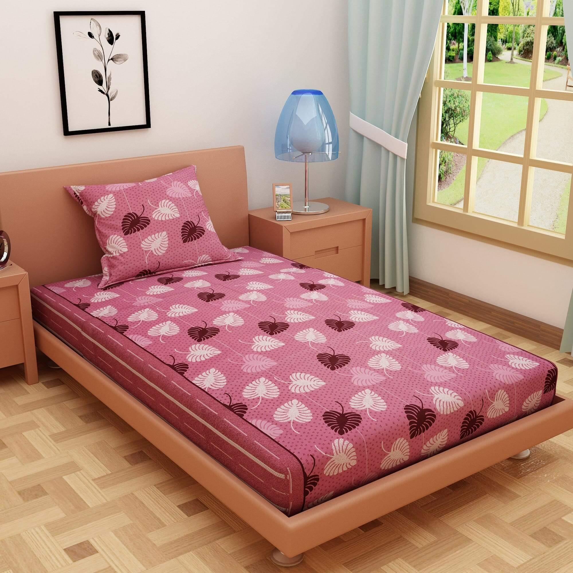 Bold Leafy Print Pink 120 TC 100% Pure Cotton Bedsheet