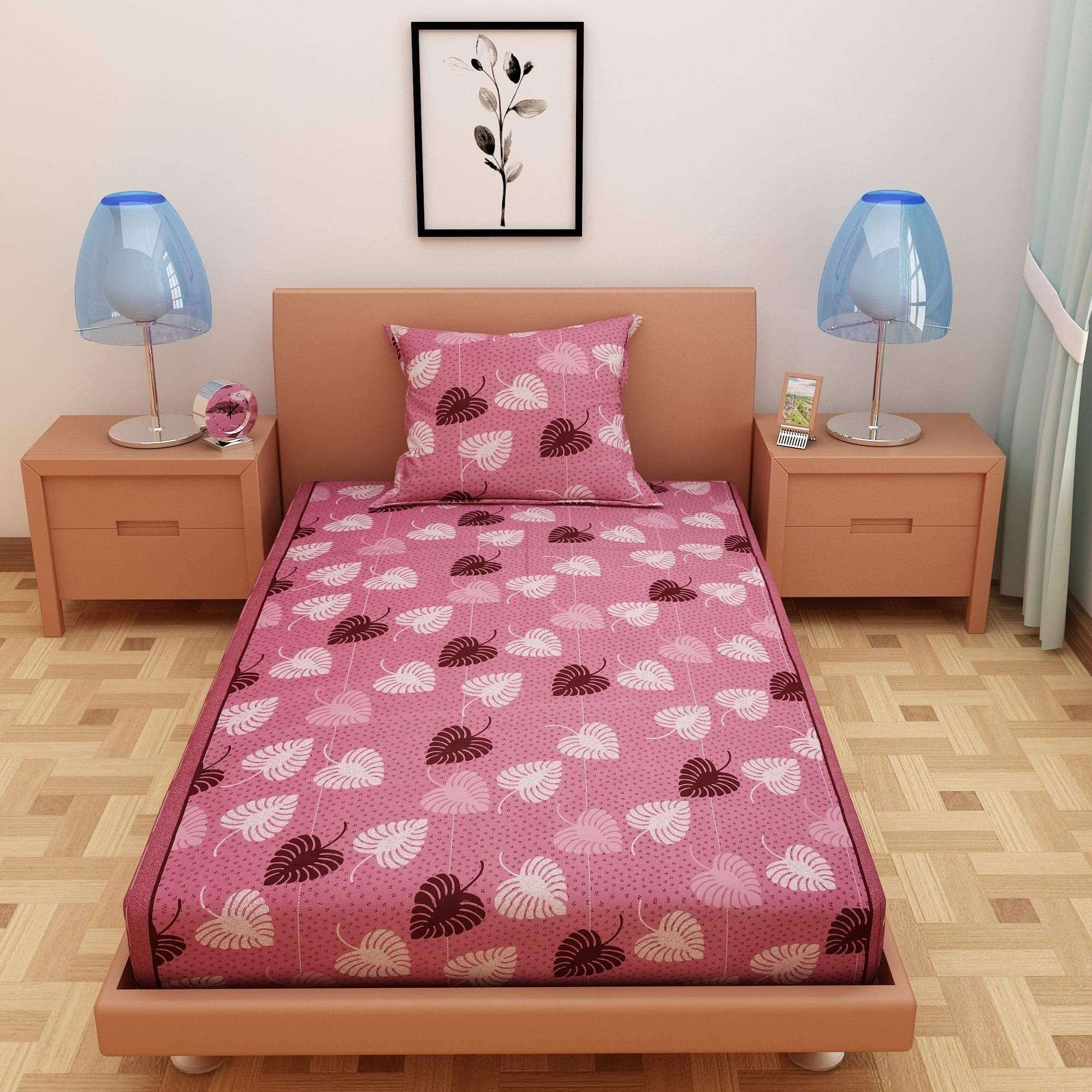 Bold Leafy Print Pink 120 TC 100% Pure Cotton Bedsheet