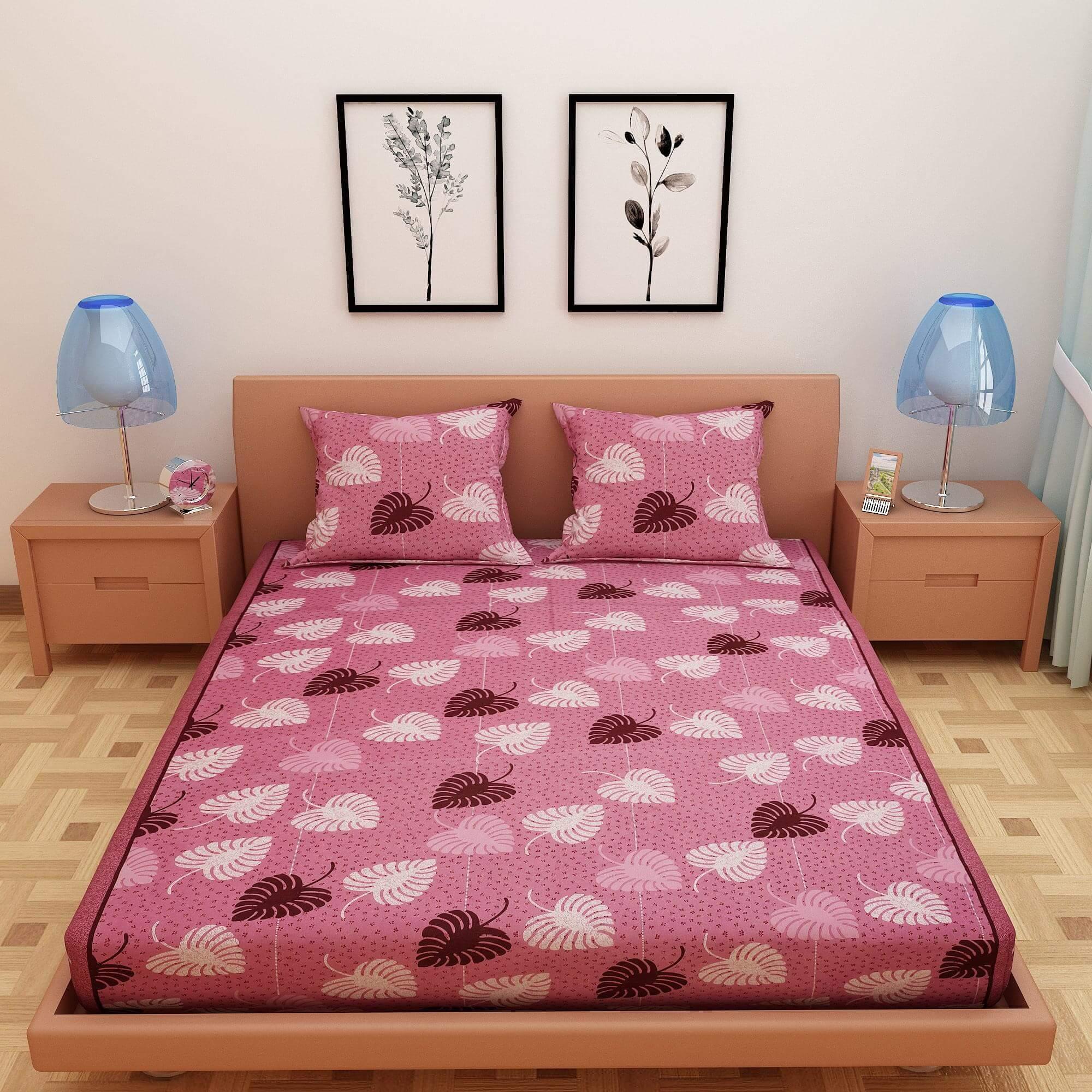 Bold Leafy Print Pink 120 TC 100% Pure Cotton Bedsheet