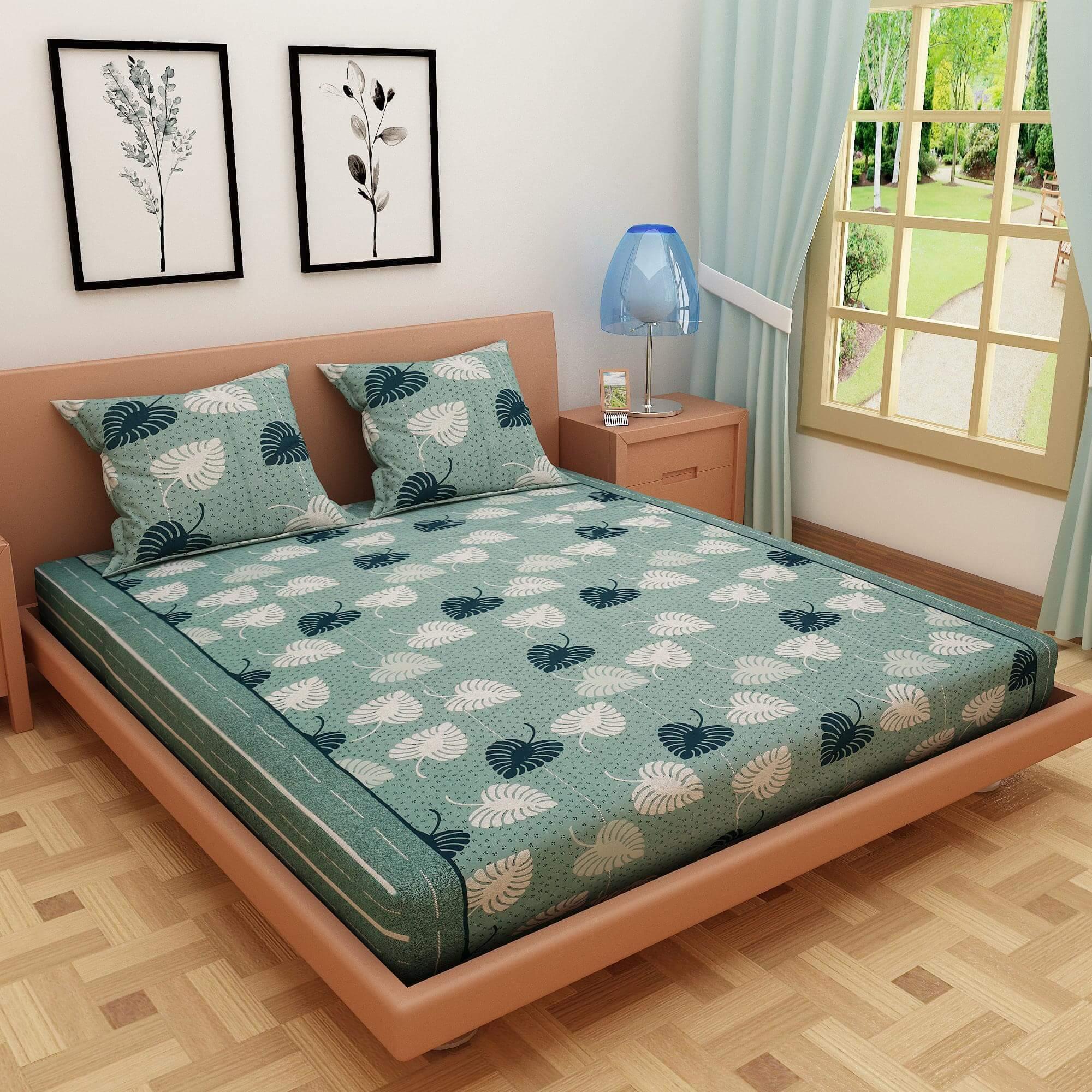 Bold Leafy Print Green 120 TC 100% Pure Cotton Bedsheet