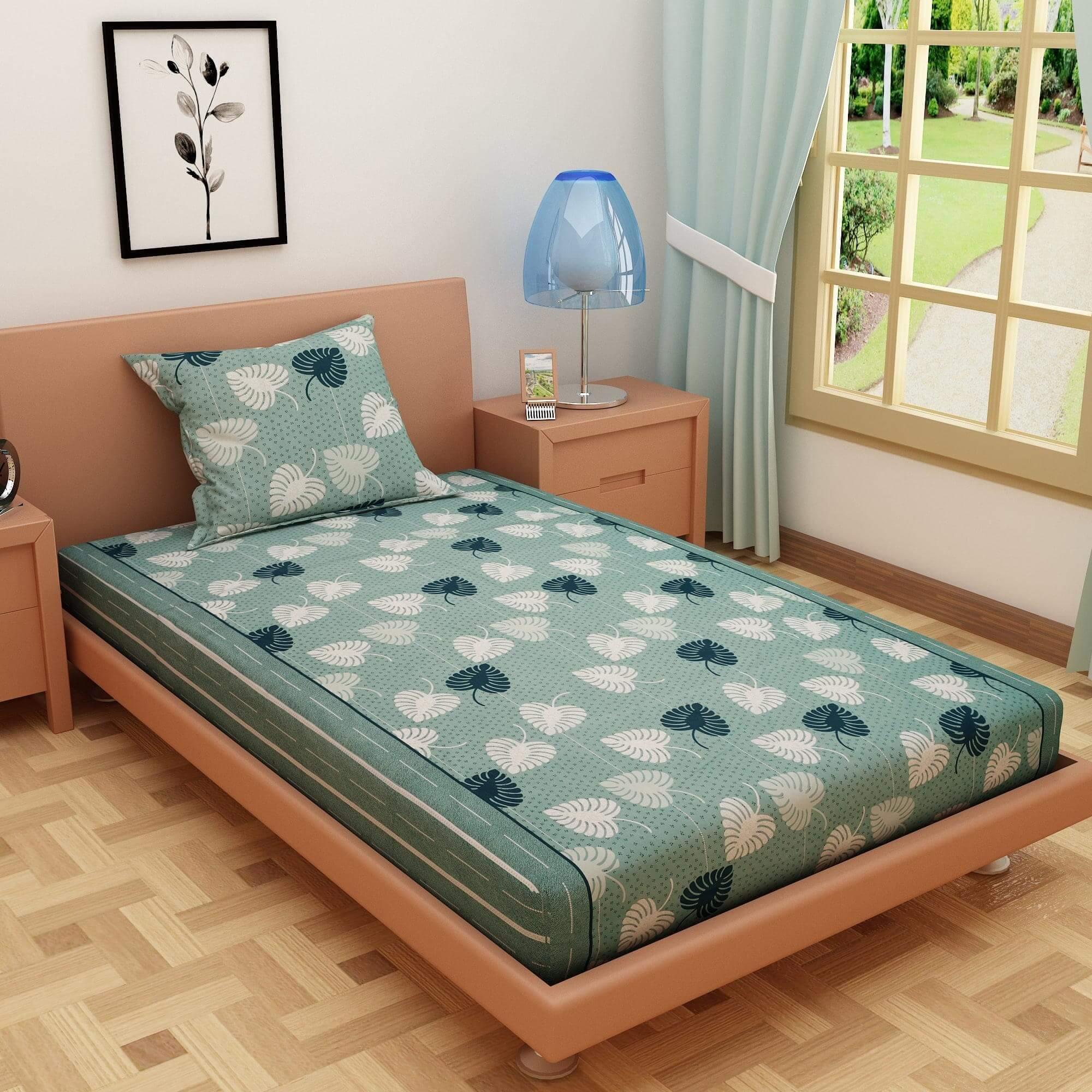 Bold Leafy Print Green 120 TC 100% Pure Cotton Bedsheet