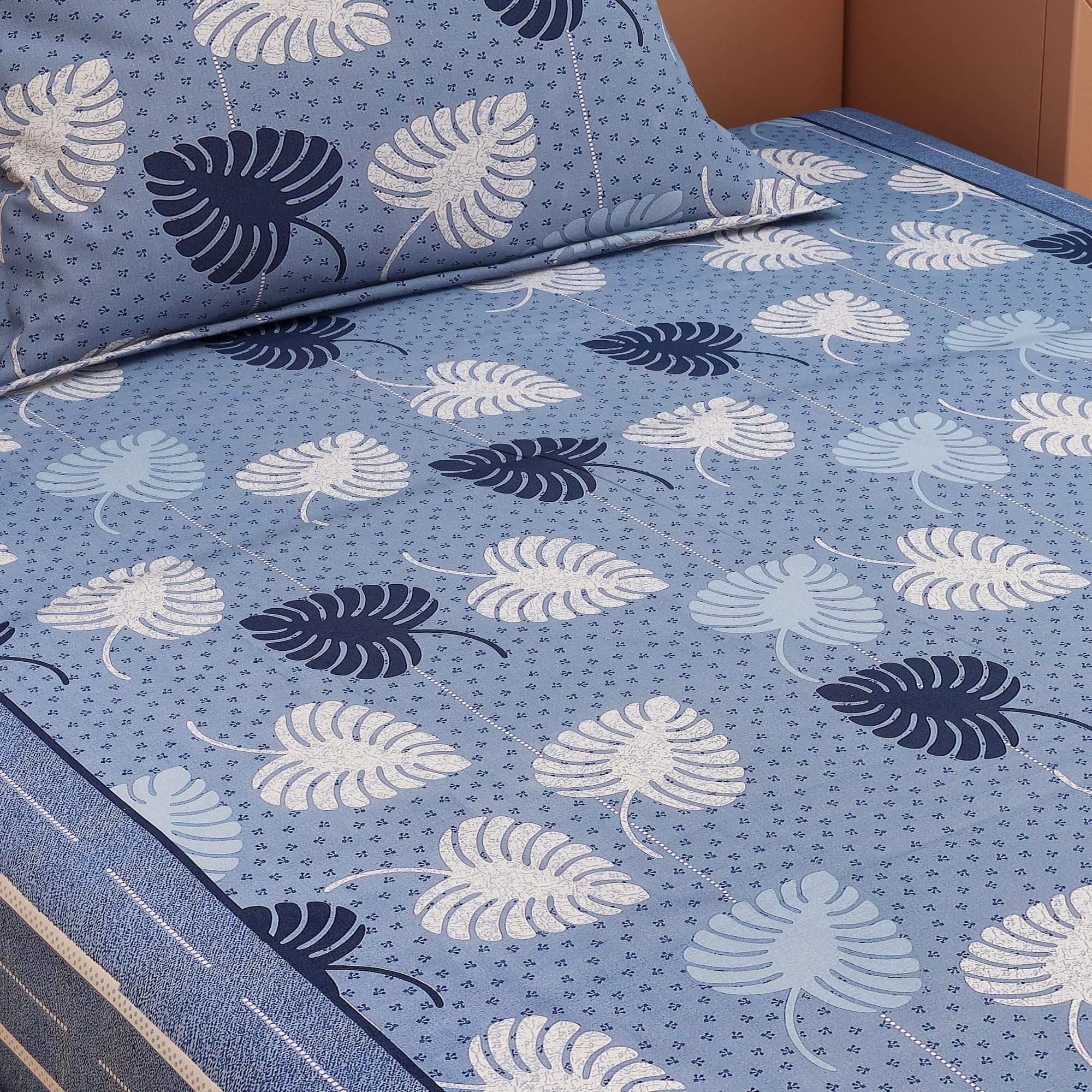 Bold Leafy Print Blue 120 TC 100% Pure Cotton Bedsheet
