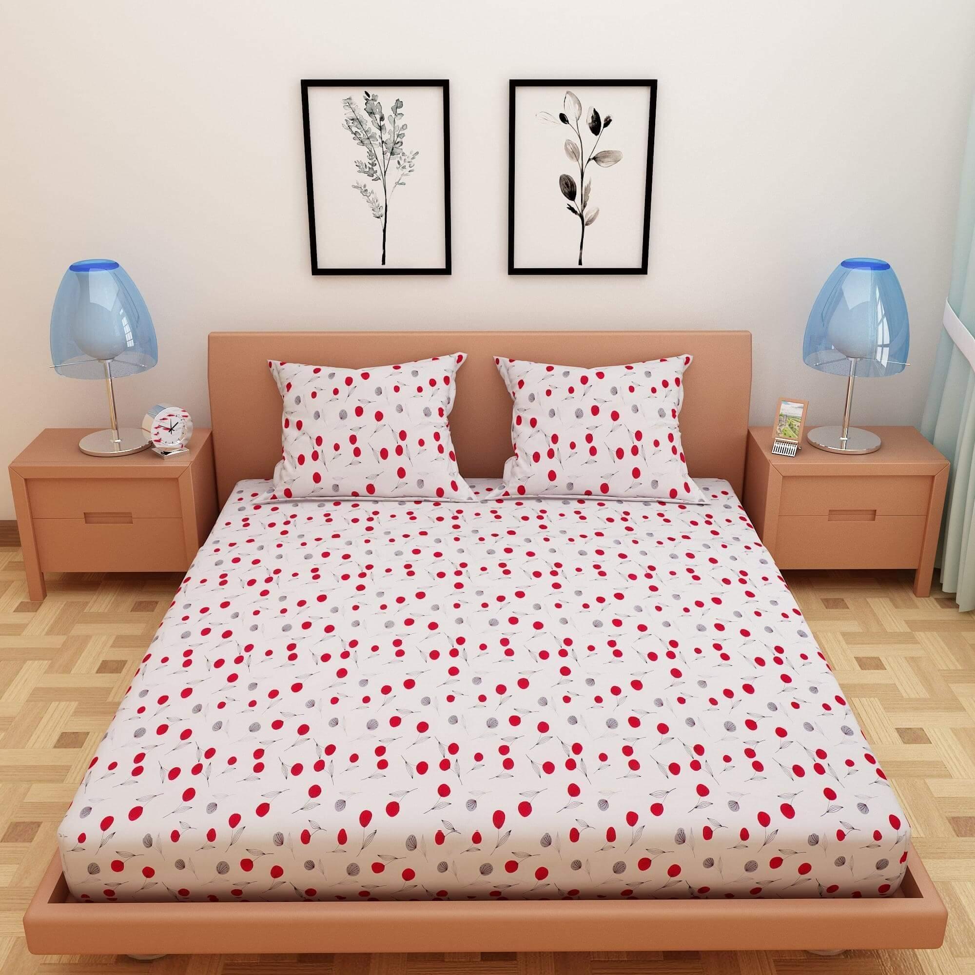 Cherry Print Red & White 120 TC 100% Pure Cotton Bedsheet