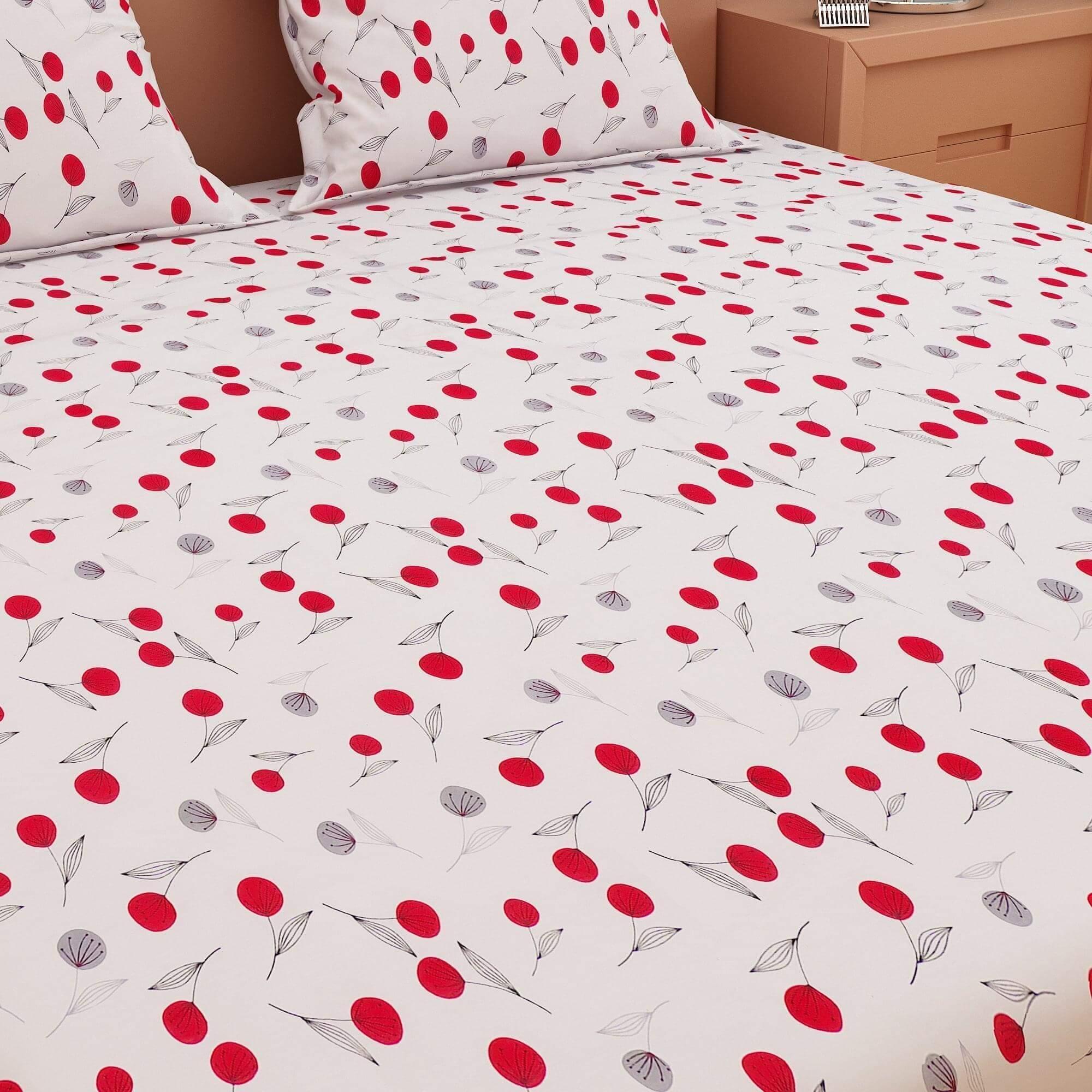 Cherry Print Red & White 120 TC 100% Pure Cotton Bedsheet