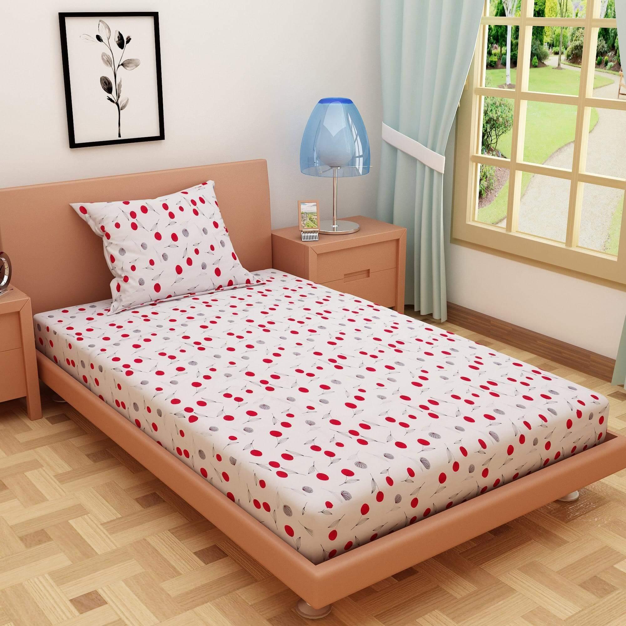 Cherry Print Red & White 120 TC 100% Pure Cotton Bedsheet