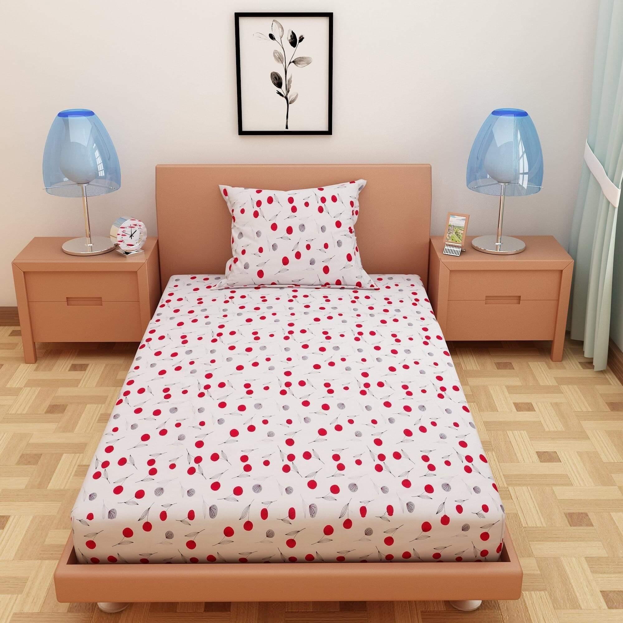 Cherry Print Red & White 120 TC 100% Pure Cotton Bedsheet