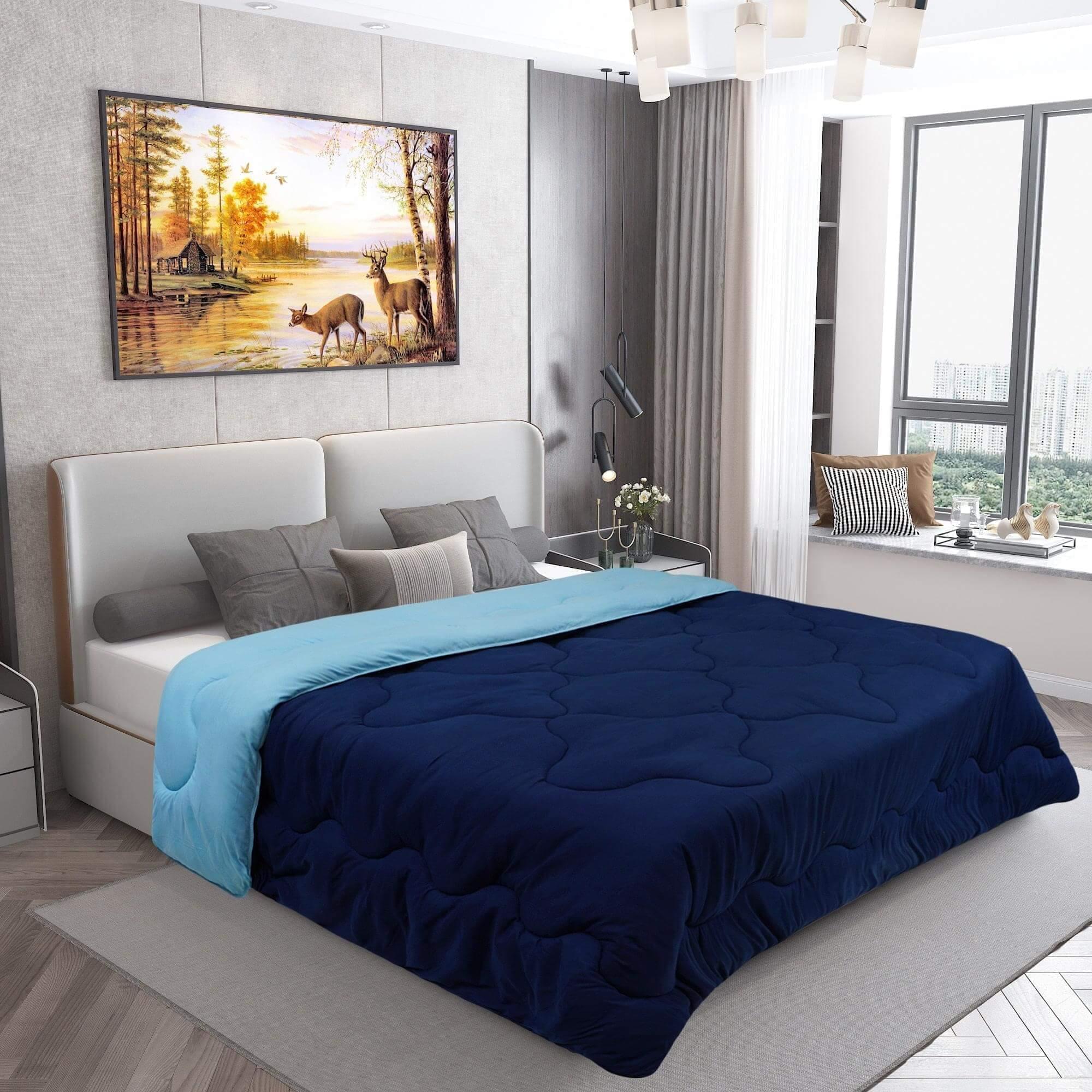 AC Comforter Blanket, Microfiber Reversible (Navy Blue, Baby blue)