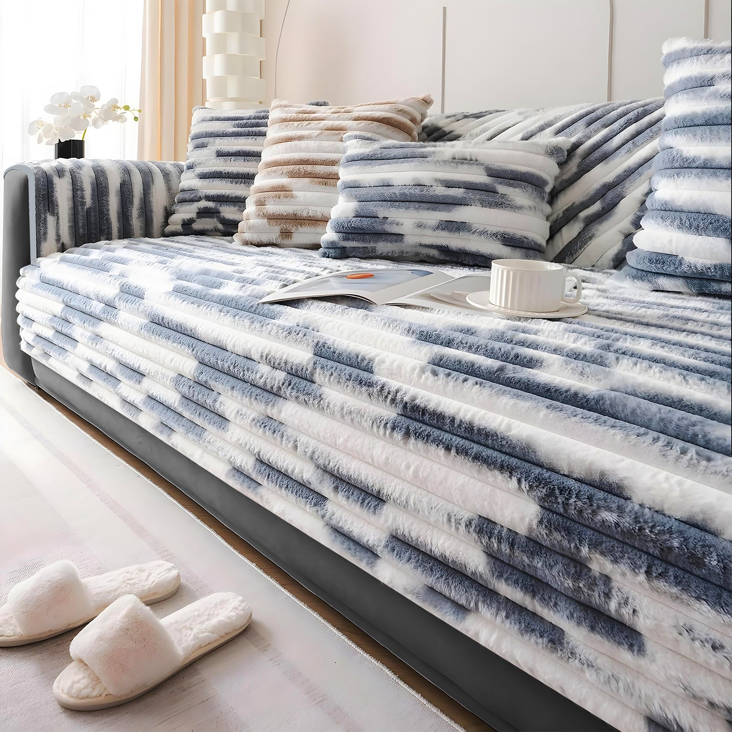 Dream Care Premium Pencil Fur Sofa Cover | Luxury Plush Sofa Protector | Soft Couch Cover for Living Room