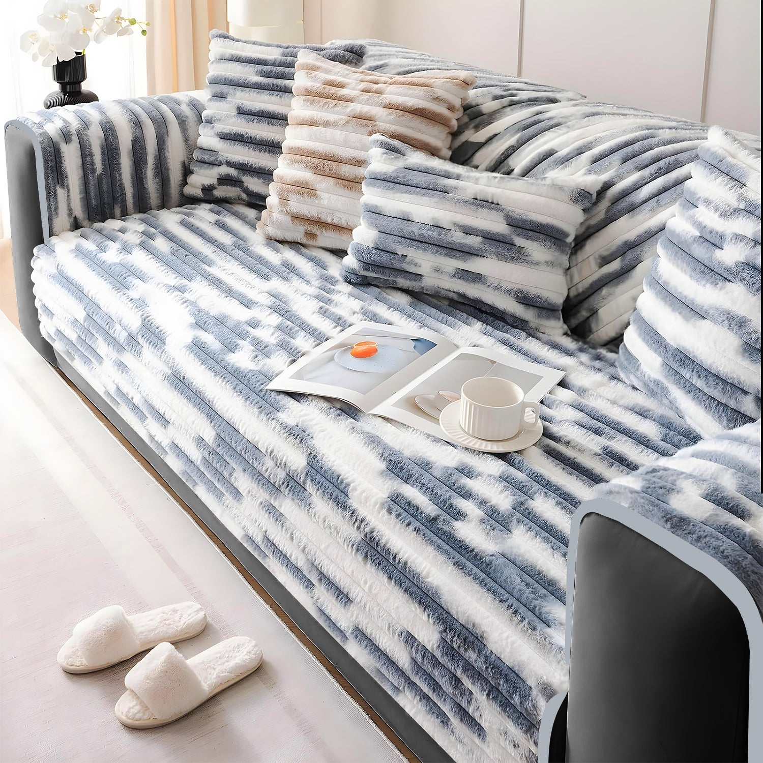 Dream Care Premium Pencil Fur Sofa Cover | Luxury Plush Sofa Protector | Soft Couch Cover for Living Room