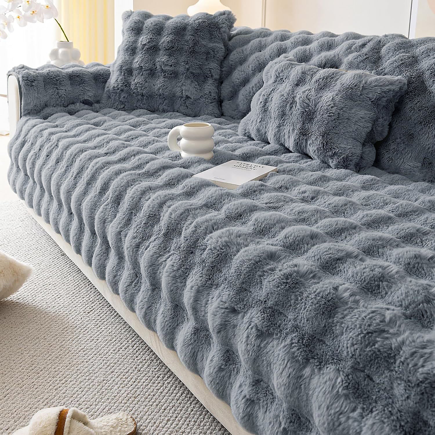 Dream Care Premium Rabbit Fur Sofa Cover for L-Shape & 1,2,3 & 4 Seater Sofas || Luxury Plush Sofa Protector || Soft Couch Cover for Living Room