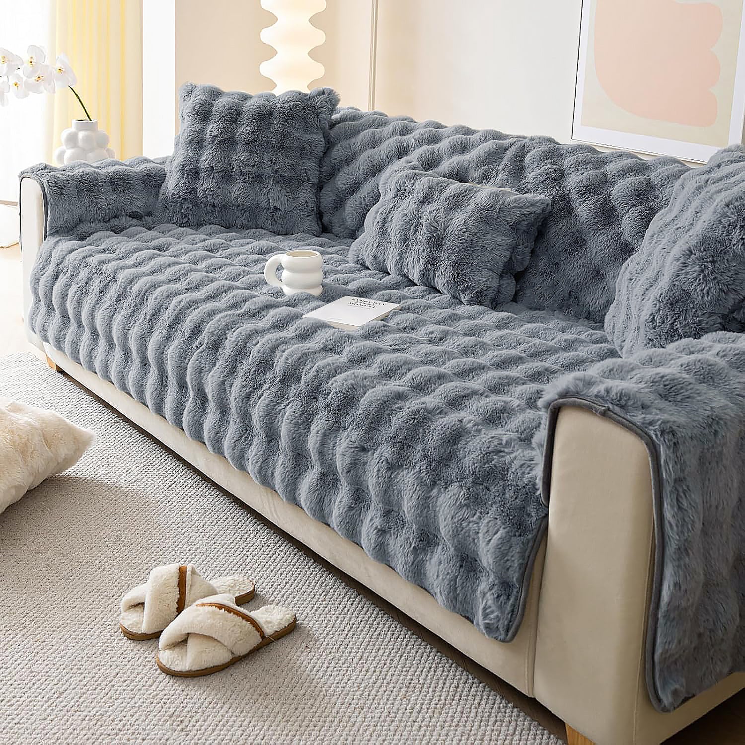 Dream Care Premium Rabbit Fur Sofa Cover for L-Shape & 1,2,3 & 4 Seater Sofas || Luxury Plush Sofa Protector || Soft Couch Cover for Living Room