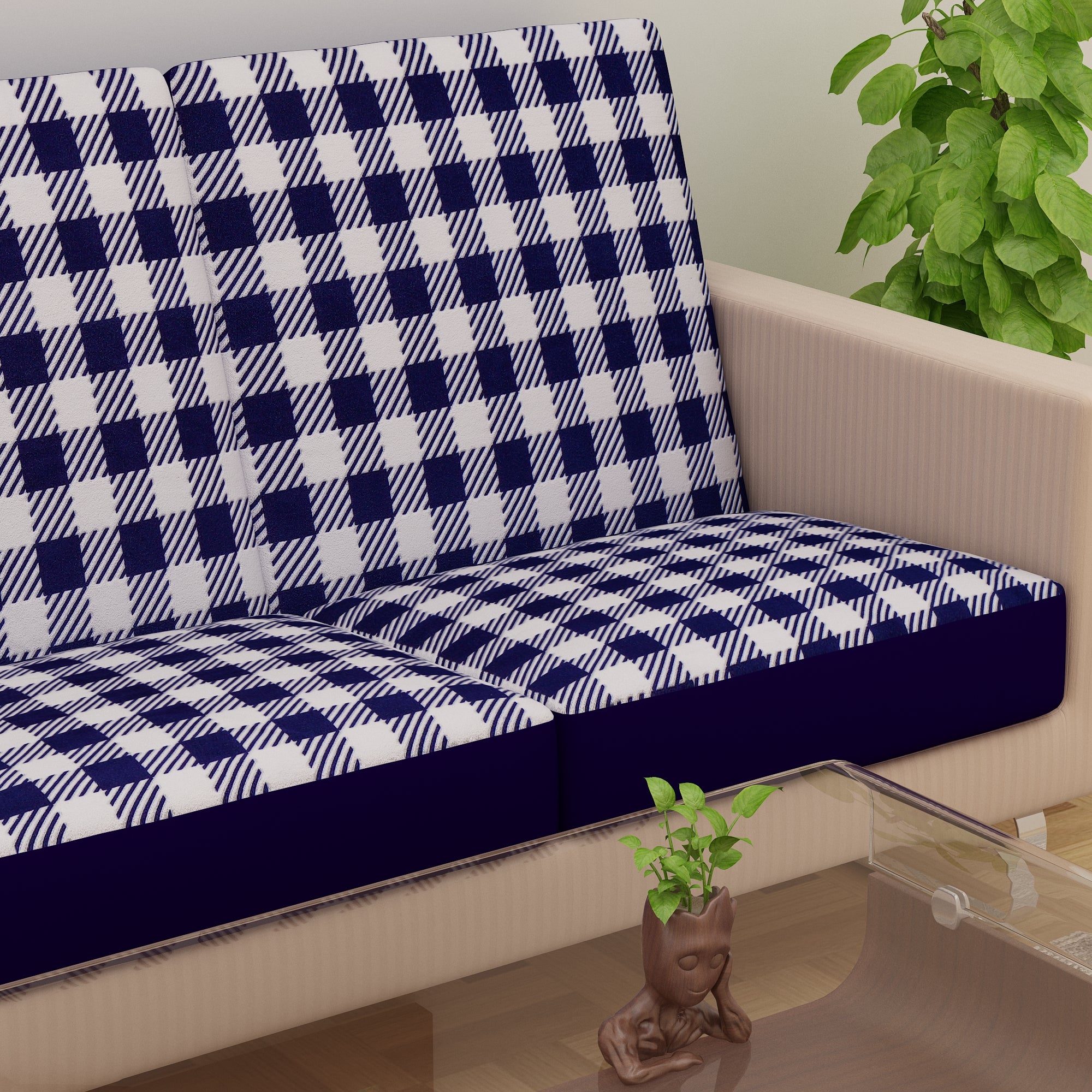 Waterproof Printed Sofa Seat Protector Cover with Stretchable Elastic, White Blue - Dream Care Furnishings Private Limited