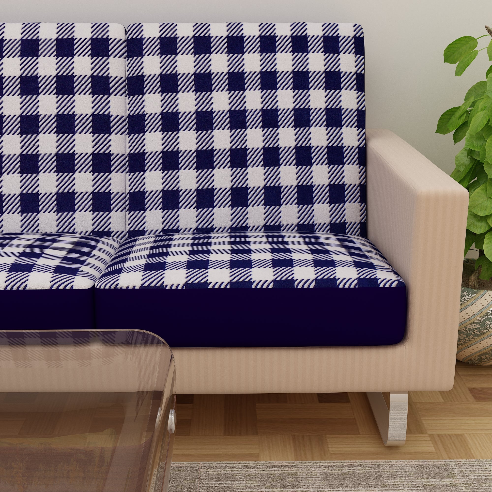 Waterproof Printed Sofa Seat Protector Cover with Stretchable Elastic, White Blue - Dream Care Furnishings Private Limited