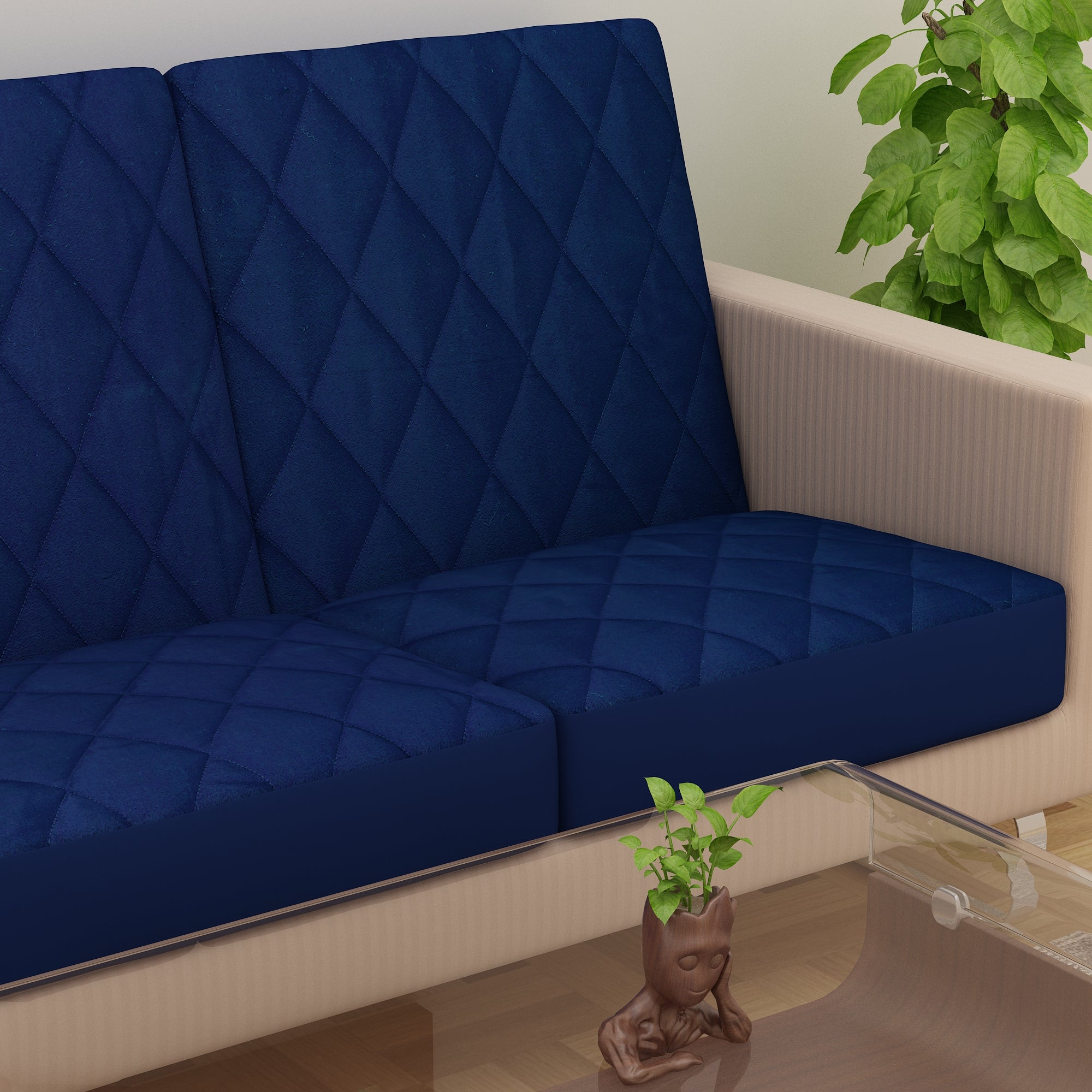 Sapphire Quilted Waterproof Sofa Seat Protector Cover with Stretchable Elastic, Blue