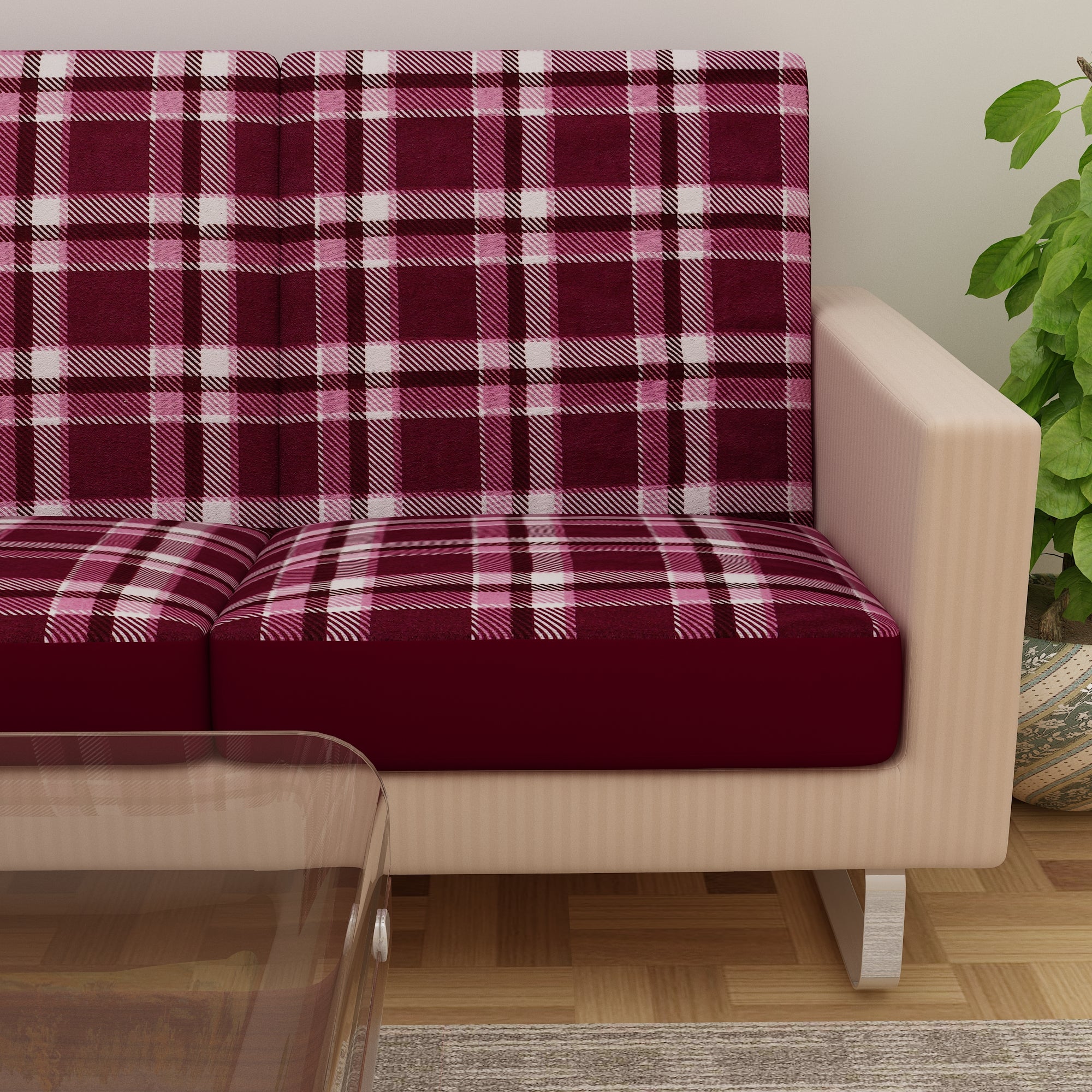 Waterproof Printed Sofa Seat Protector Cover with Stretchable Elastic, Maroon - Dream Care Furnishings Private Limited