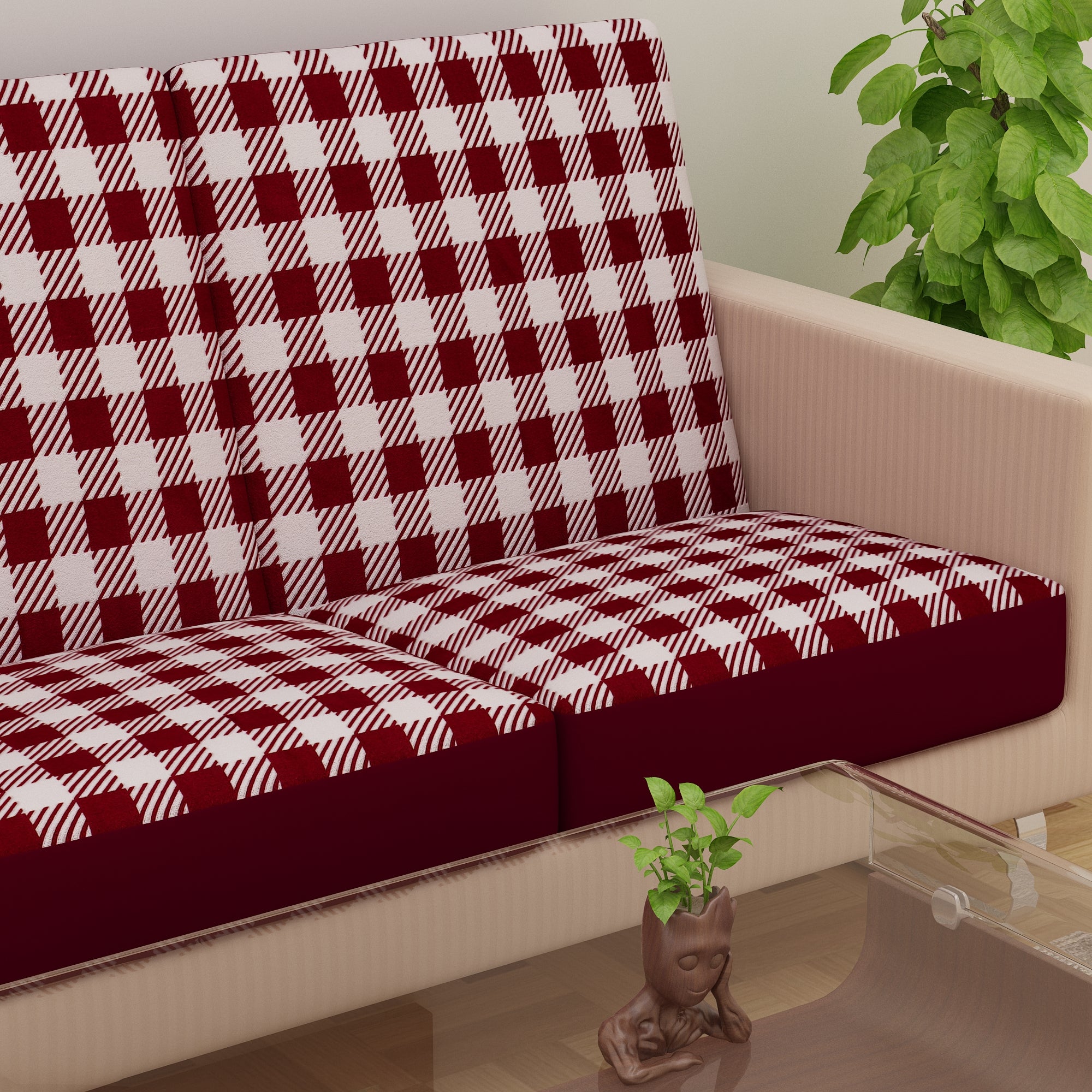 Waterproof Printed Sofa Seat Protector Cover with Stretchable Elastic, White Maroon - Dream Care Furnishings Private Limited
