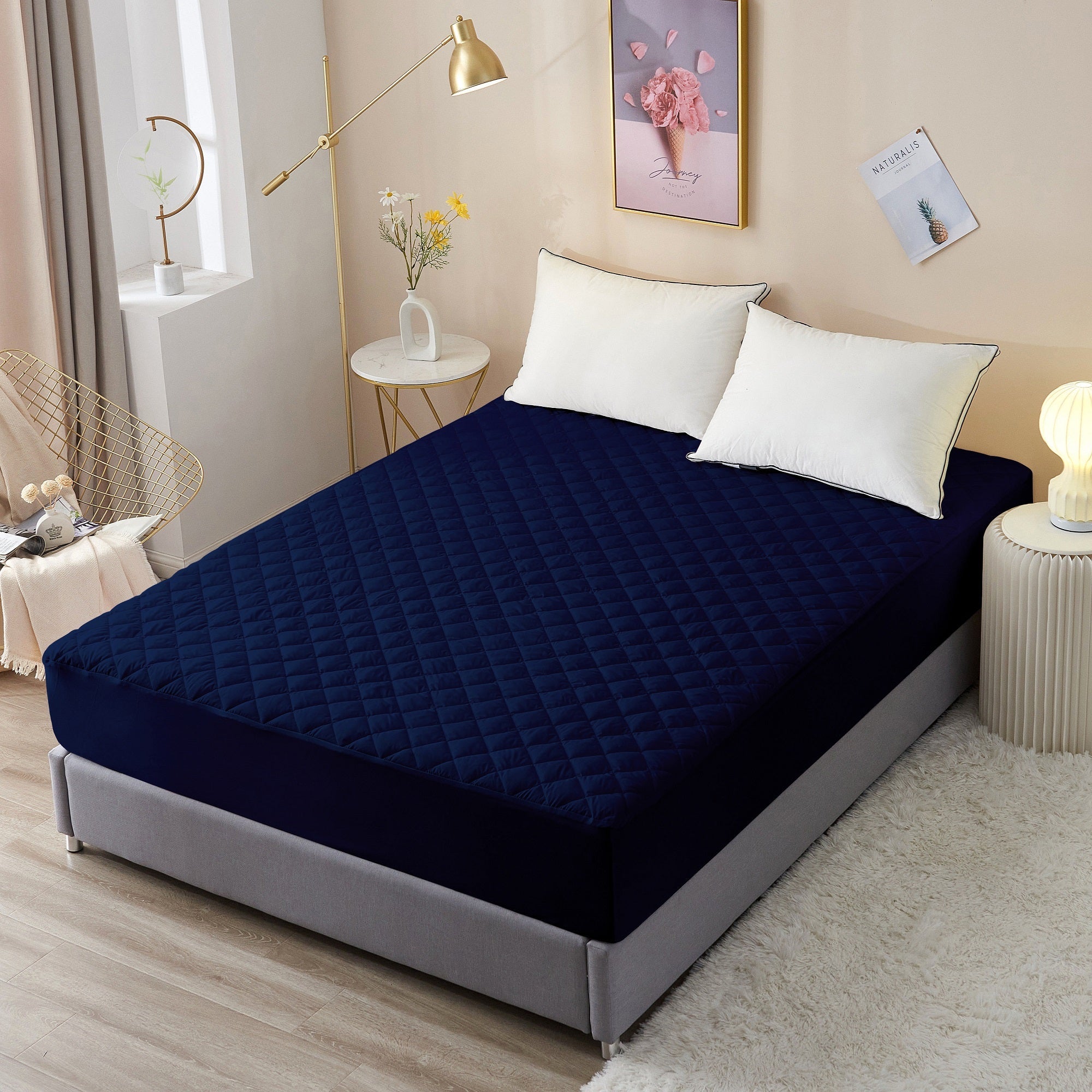 Waterproof Mattress Protector with 360 Degree Elastic Strap, Premium Quilted Sapphire (Navy Blue, Available in 16 Sizes) - Dream Care Furnishings Private Limited