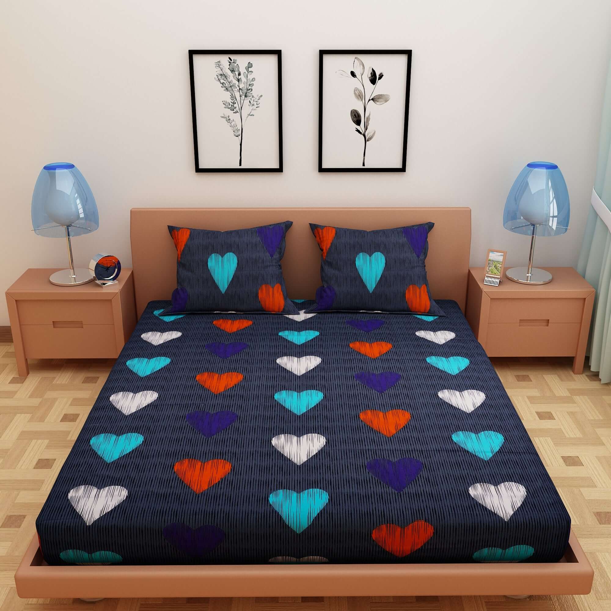 Love Print Blue 120 TC 100% Pure Cotton Bedsheet - Dream Care Furnishings Private Limited