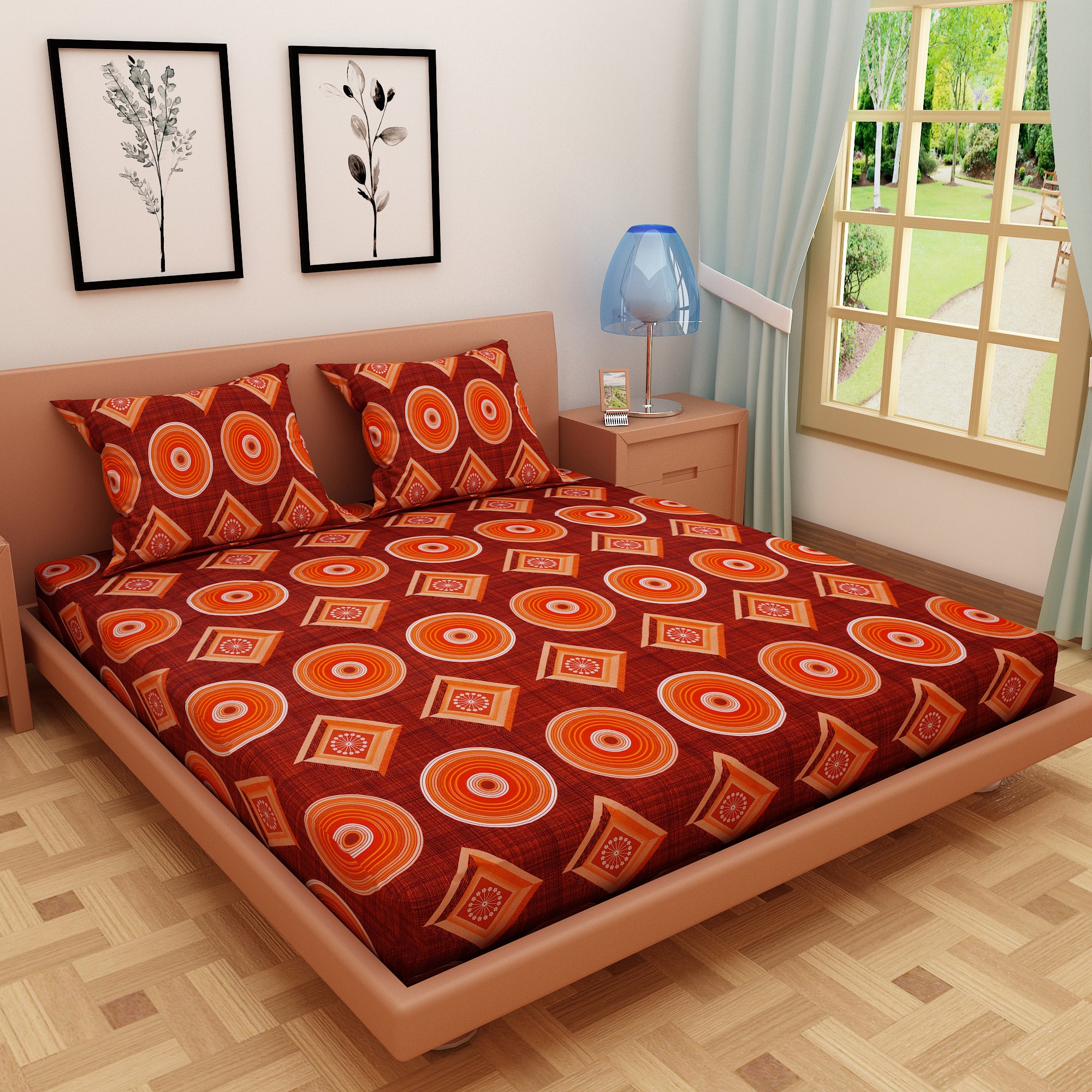 RhomPhere Print Orange 120 TC 100% Pure Cotton Bedsheet - Dream Care Furnishings Private Limited