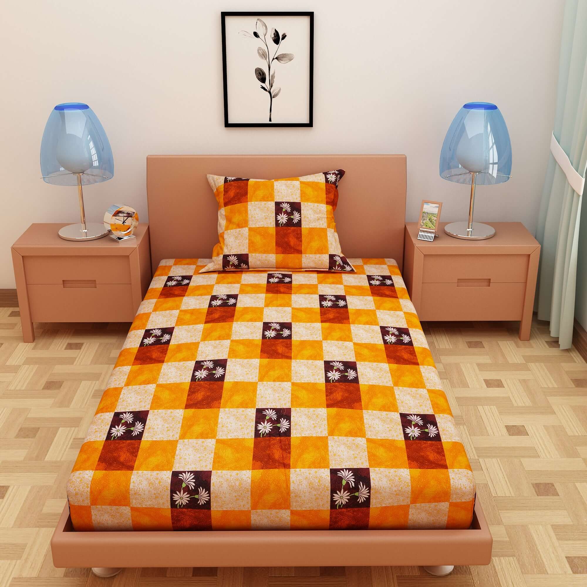 Floral Print Yellow 120 TC 100% Pure Cotton Bedsheet - Dream Care Furnishings Private Limited