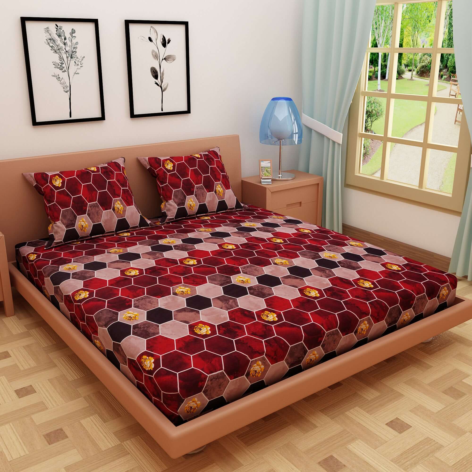 Honeycomb Print Red 120 TC 100% Pure Cotton Bedsheet - Dream Care Furnishings Private Limited